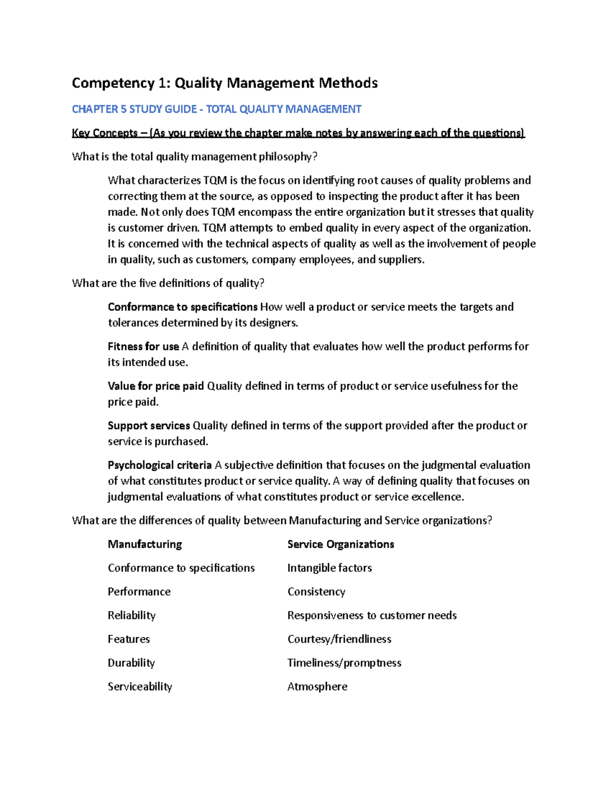 C215 Final Exam Study Guide: Total Quality Management & SQC - Studocu