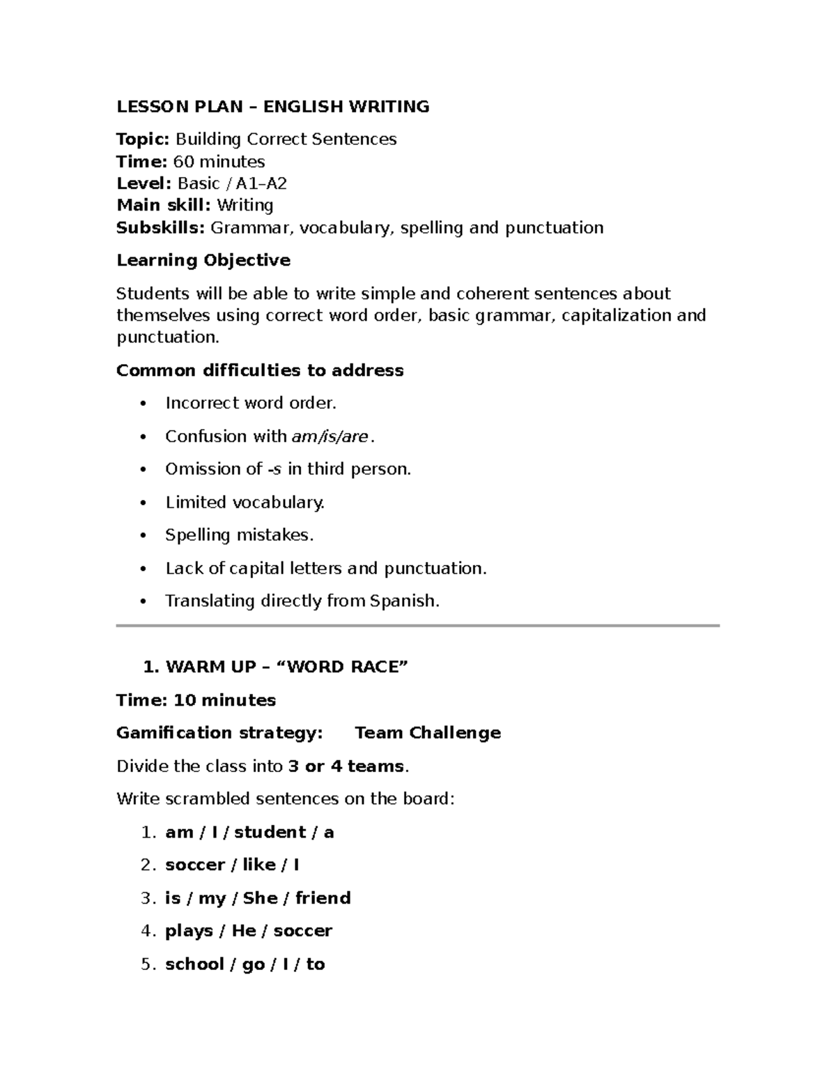 LEC 101: Lesson Plan on Building Correct Sentences in English Writing ...