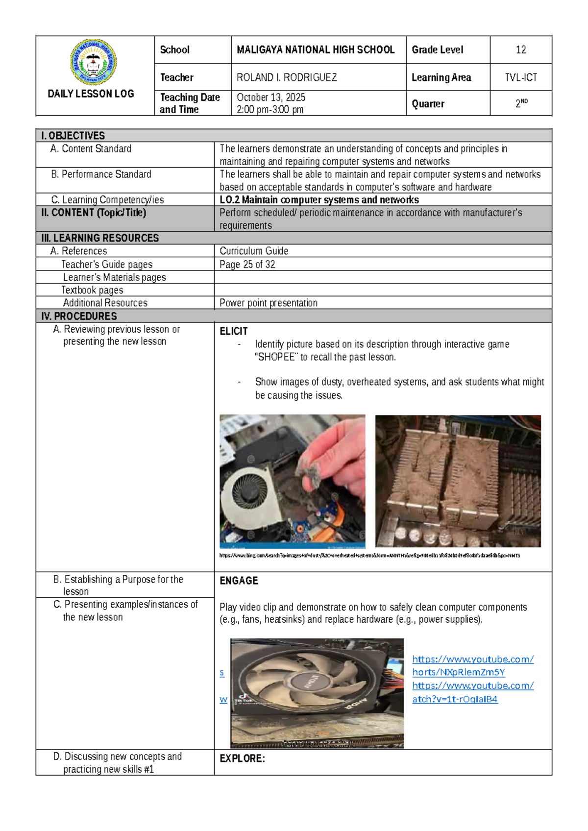 Daily Lesson Log: Computer Systems Maintenance (7-ES Q2 G12 W5) - Studocu
