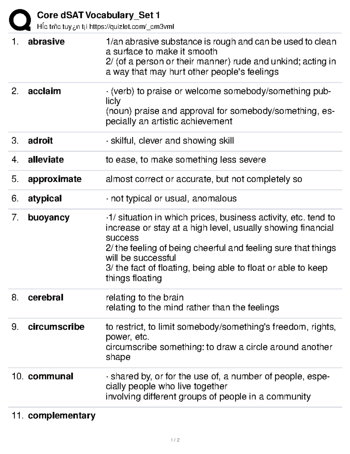 Core dSAT Vocabulary - Set 1: Essential Terms & Definitions - Studocu