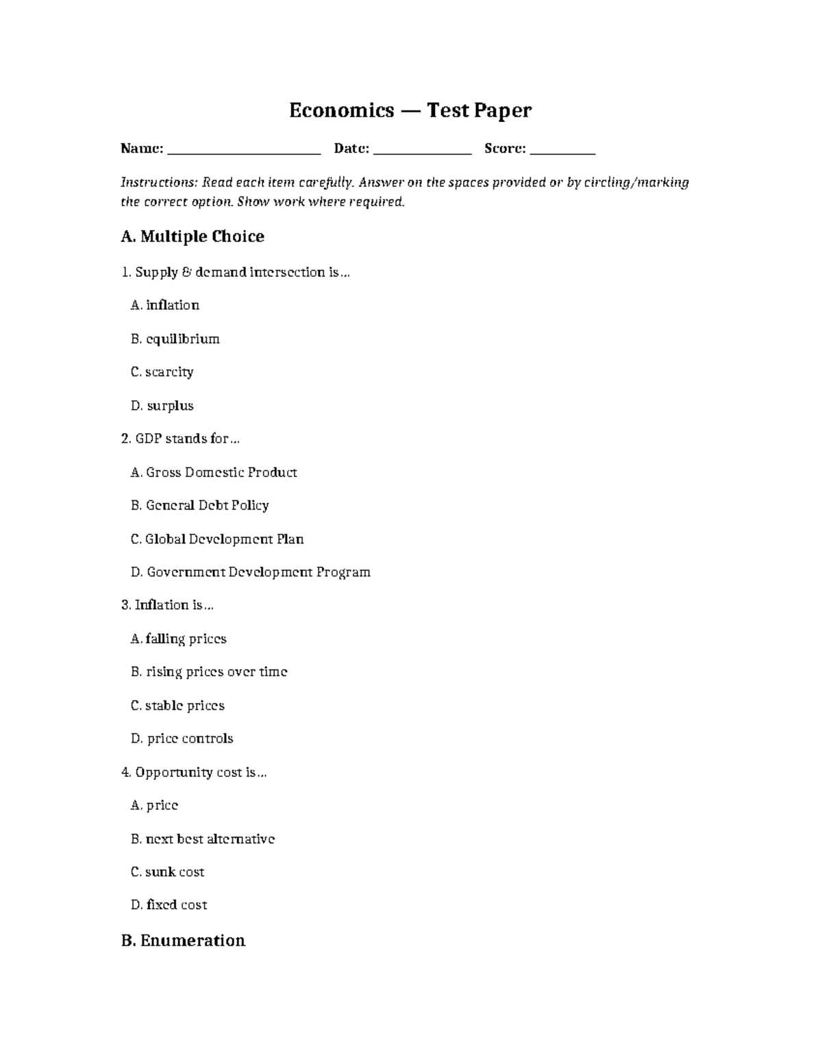 Economics Test Paper: Multiple Choice & Definitions Exam - Studocu