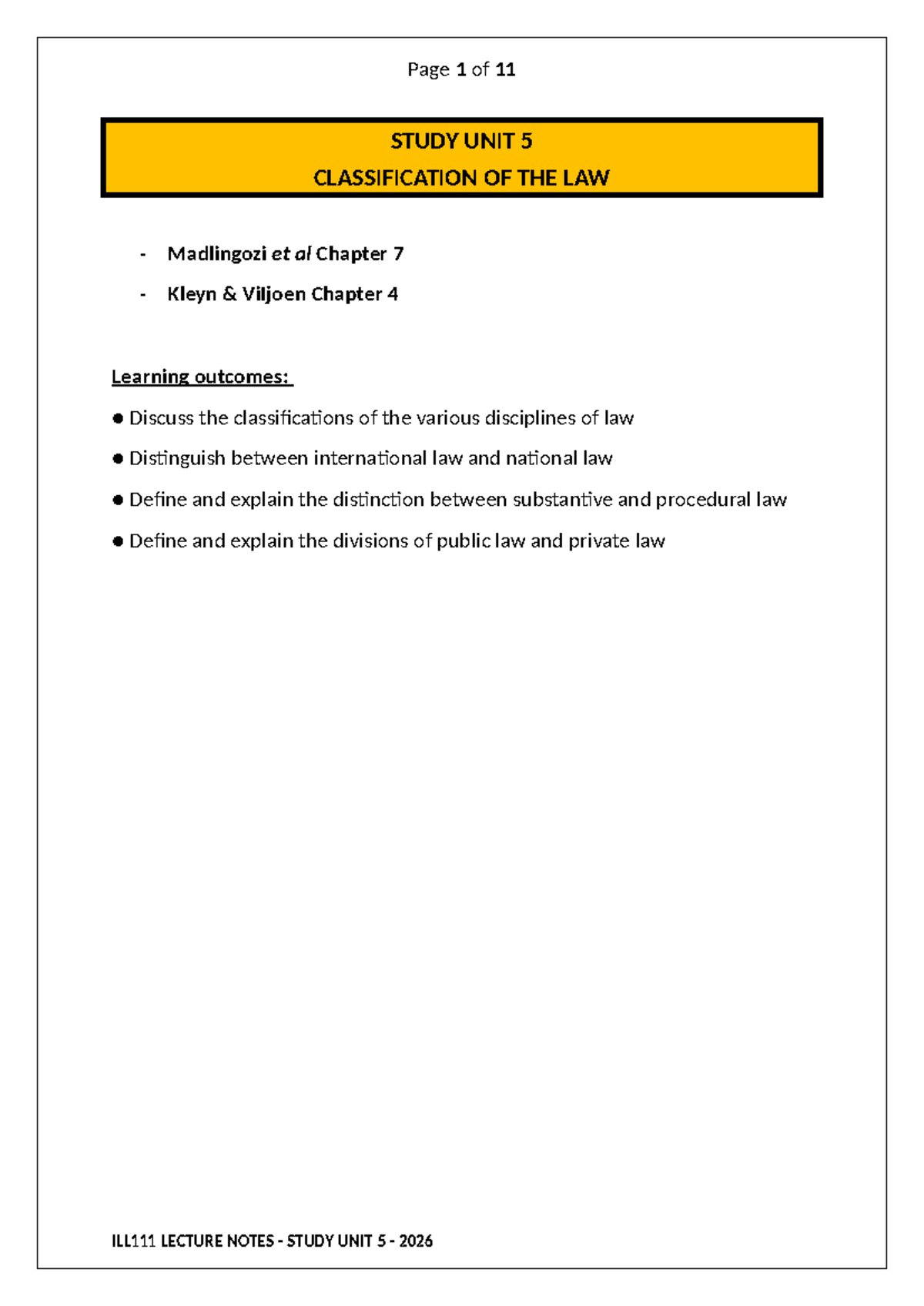 ILL111 Lecture Notes: Classification of Law - Study Unit 5 (2026) - Studocu