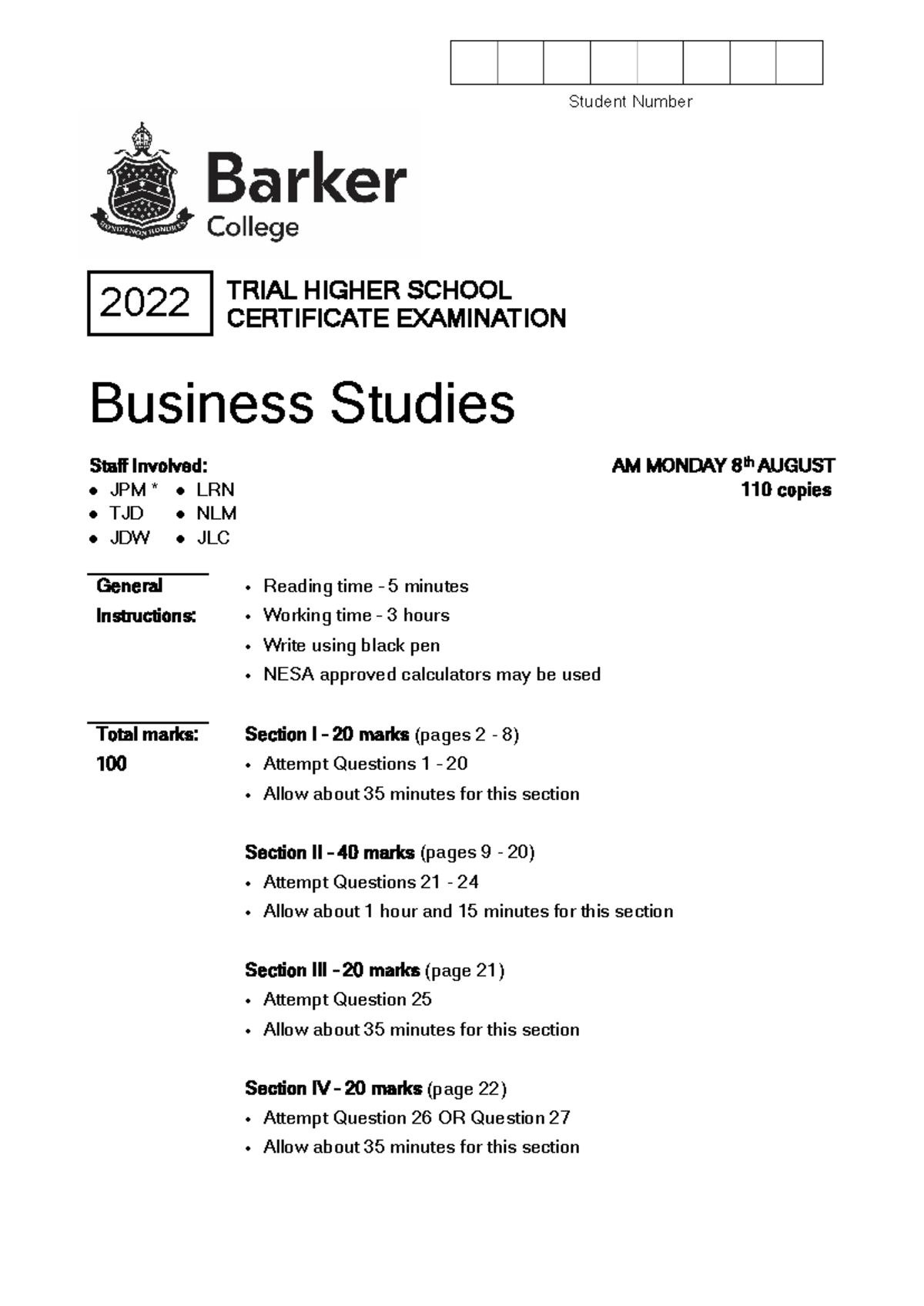 Business Studies BS Trial Higher School Exam 2022 - Studocu