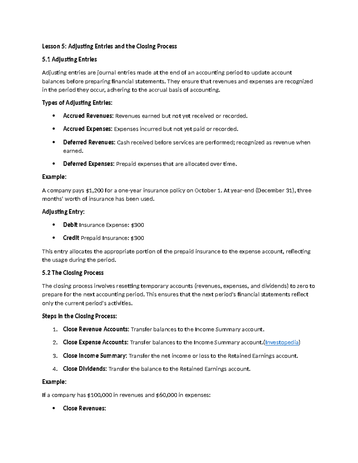 Lesson 5: Adjusting Entries & Closing Process in Accounting - Studocu
