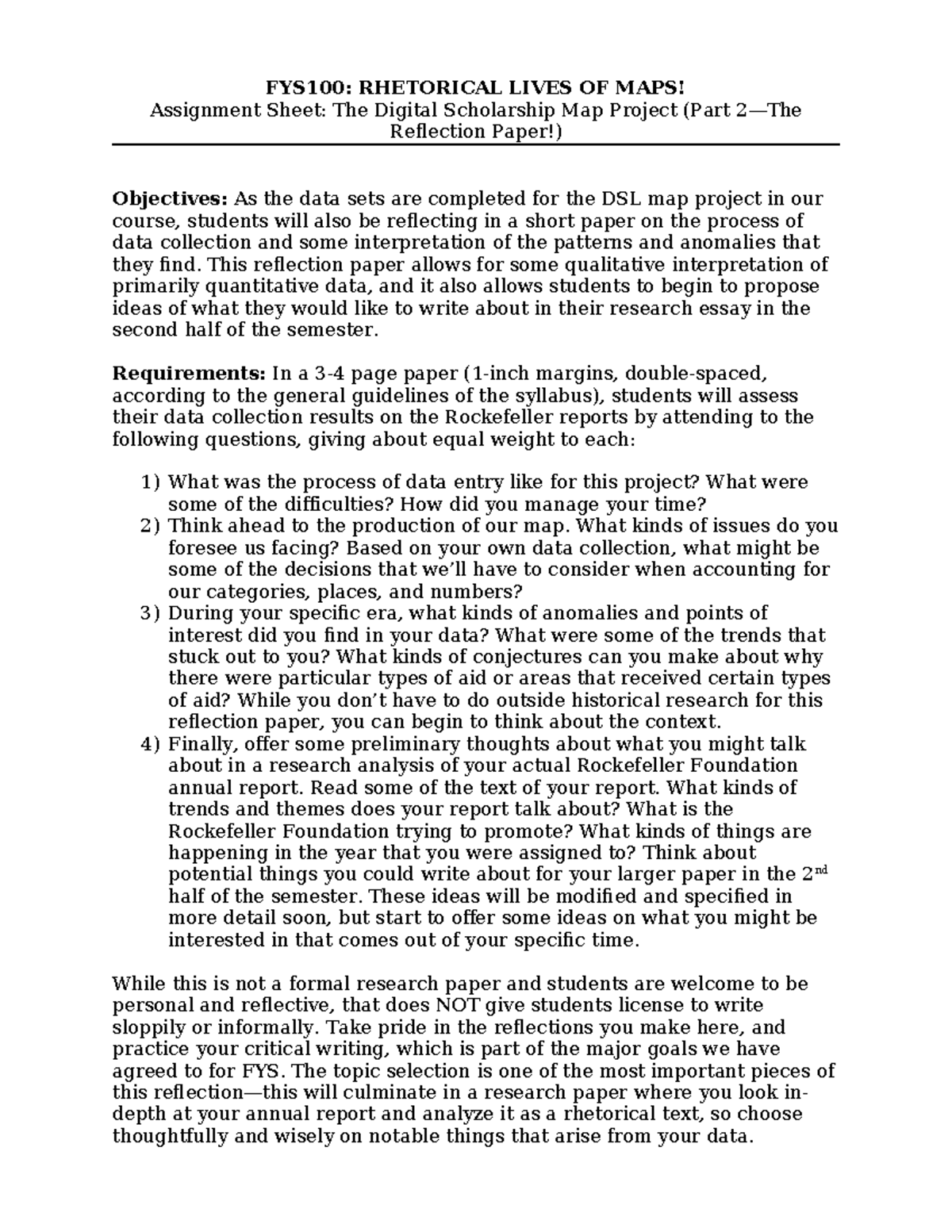 FYS100 Reflection Paper on Data Collection for Digital Scholarship Map ...