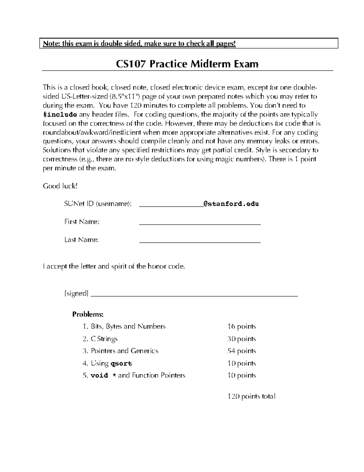 CS107 Practice Midterm Exam: Key Concepts and Coding Problems - Studocu