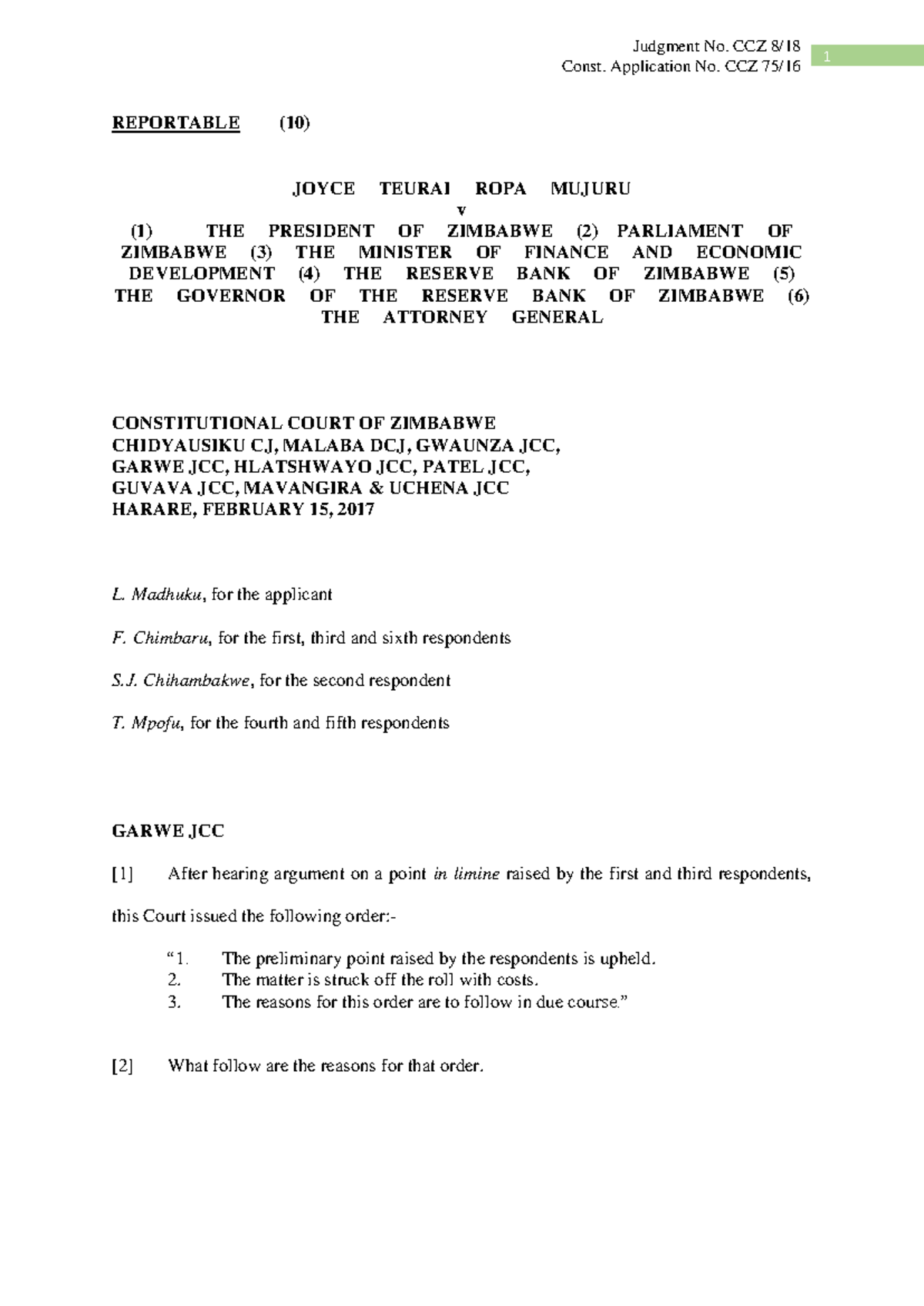 CCZ 8 - 2018 Joyce Teurai Ropa Mujuru vs The President of Zimbabwe ...