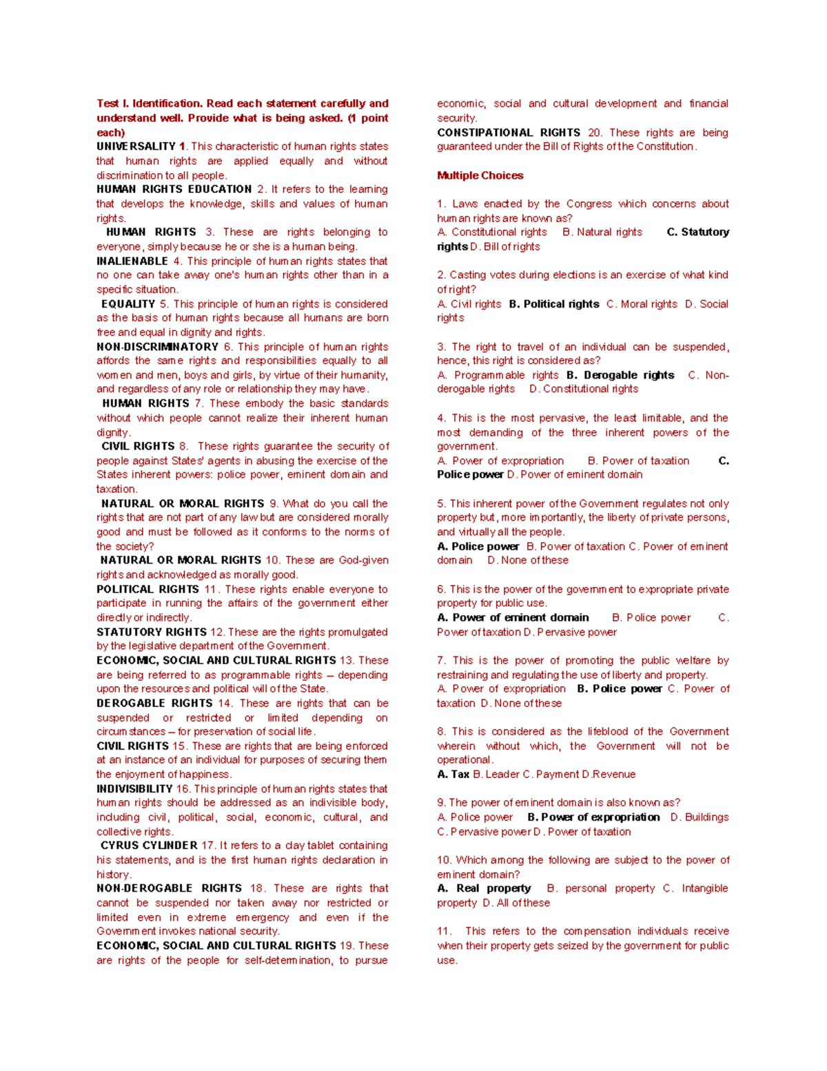 Human Rights Test I: Identification and Multiple Choice Questions - Studocu