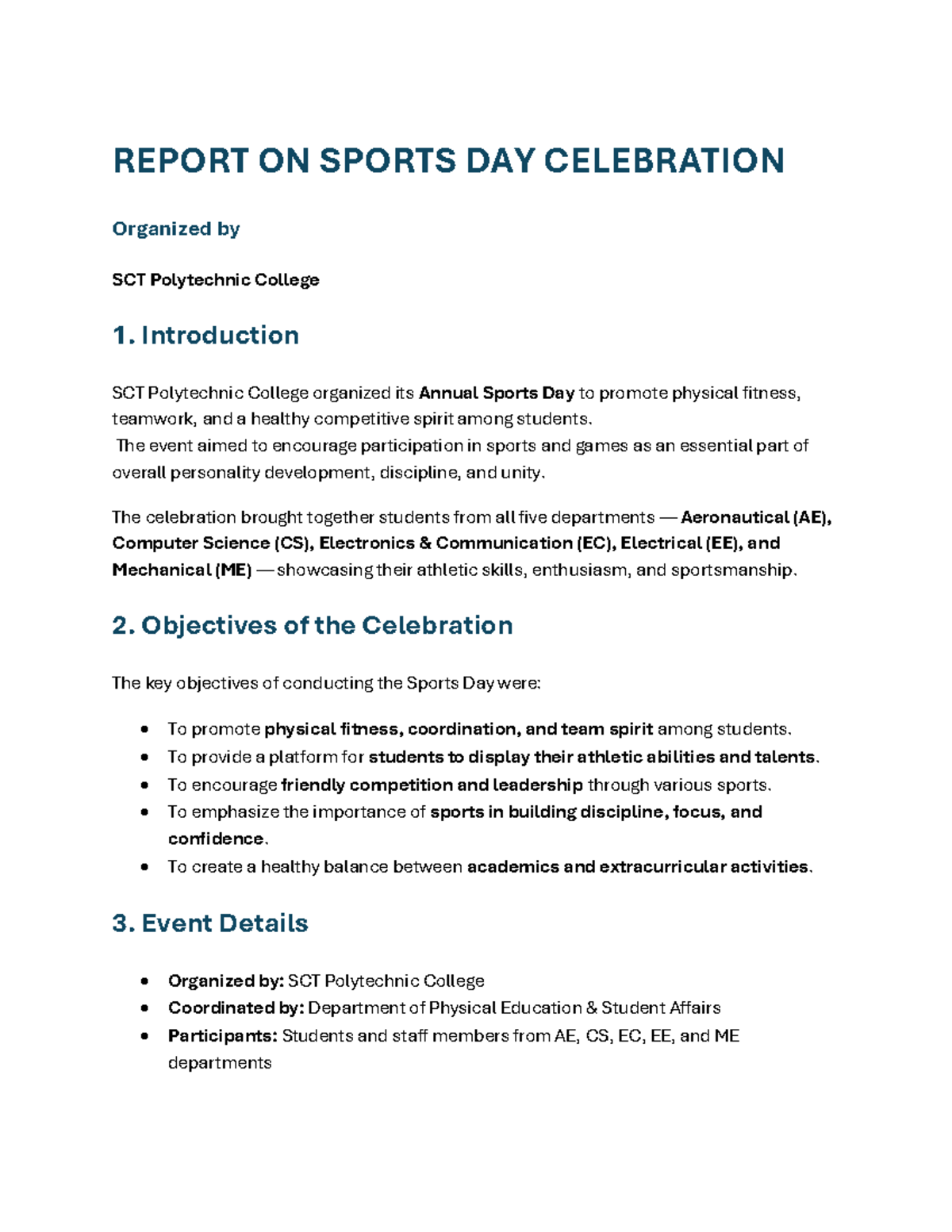 SCT Polytechnic College Sports Day Celebration Report - Studocu