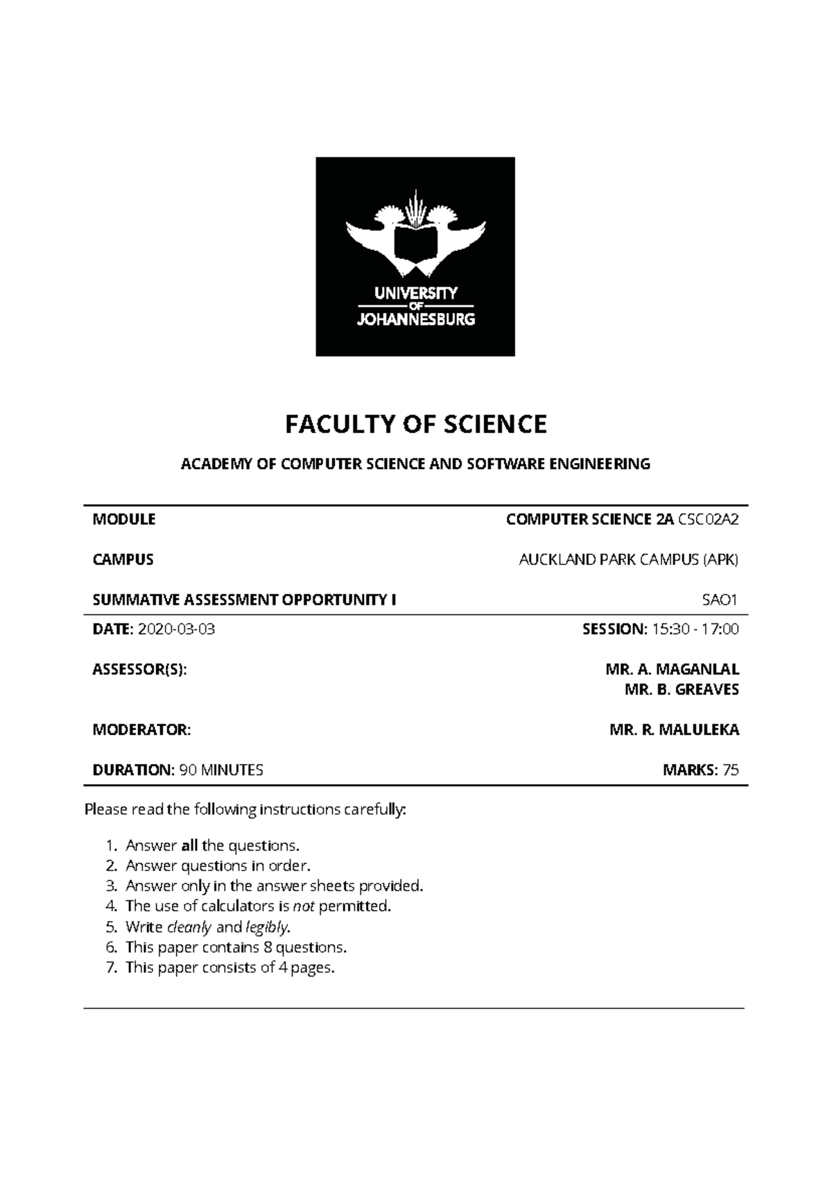 Acsse CSC2A 2020 ST1 MAIN - FACULTY OF SCIENCE ACADEMY OF COMPUTER ...