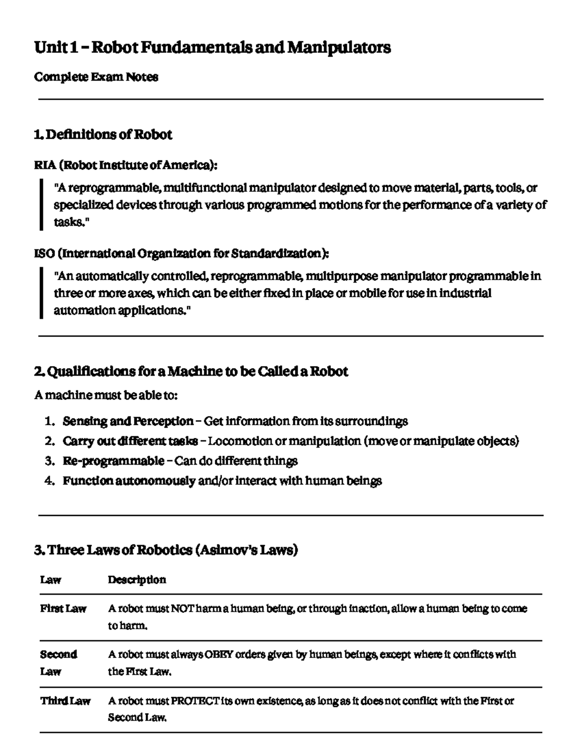 Unit 1 Robotics: Comprehensive Exam Notes on Fundamentals and ...