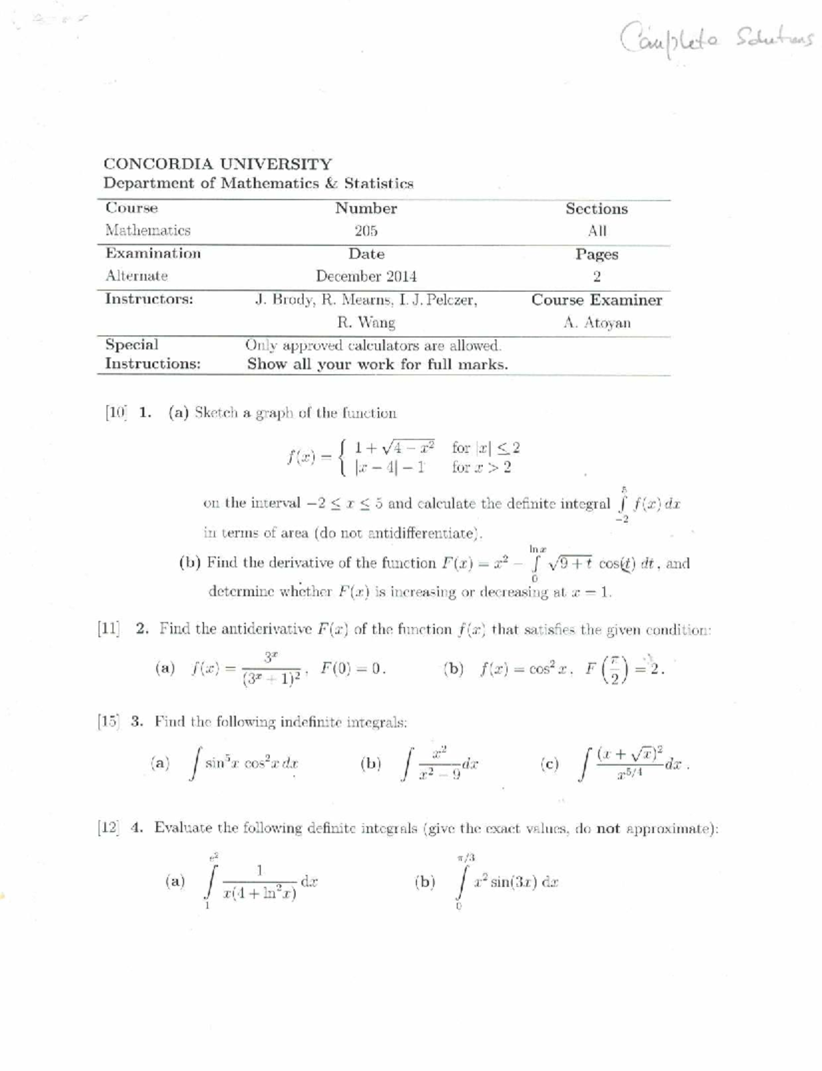 MATH 205 Final Exam Solutions - Concordia University, Dec 2014 - Studocu