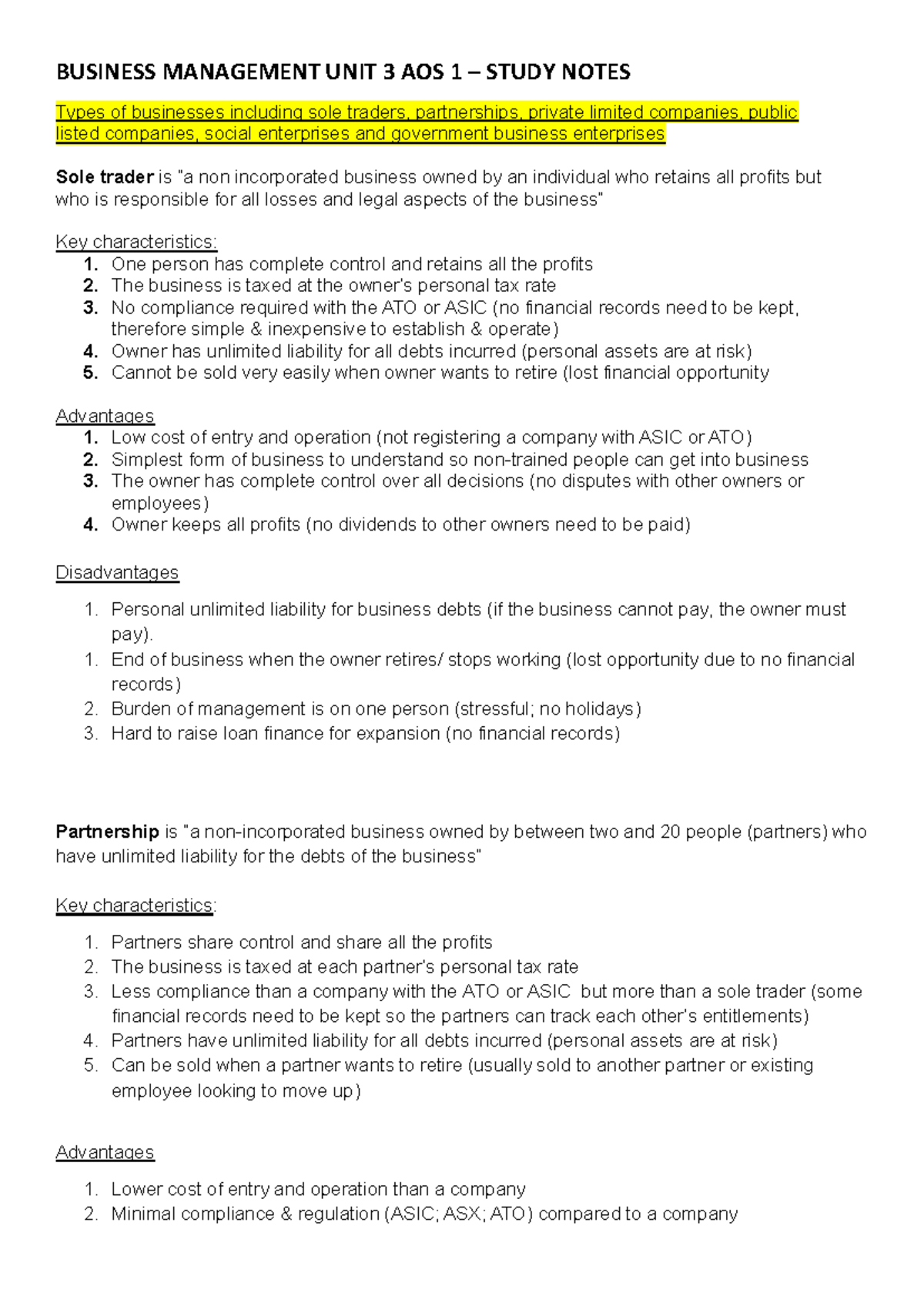 Business Management Study Notes: Types of Businesses (Unit 3 AOS 1 ...