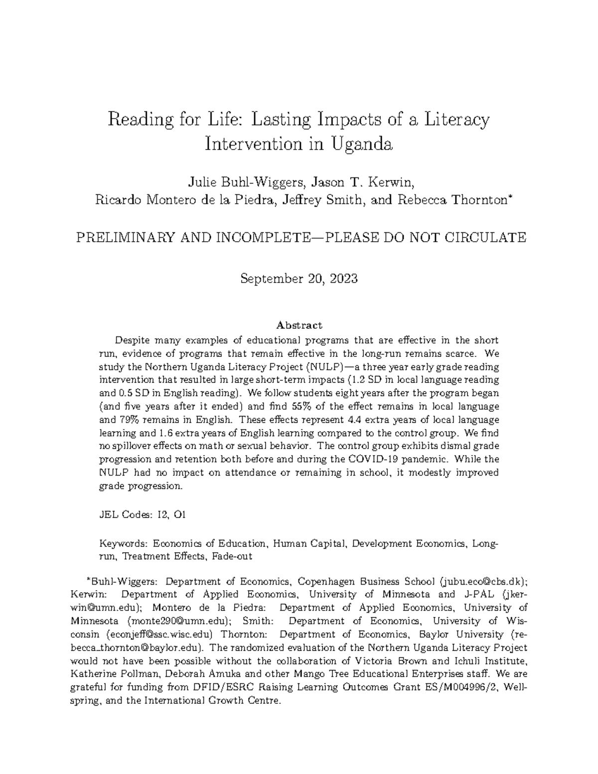 Long Run Impacts of NULP: RCT on Early Grade Reading in Uganda - Studocu