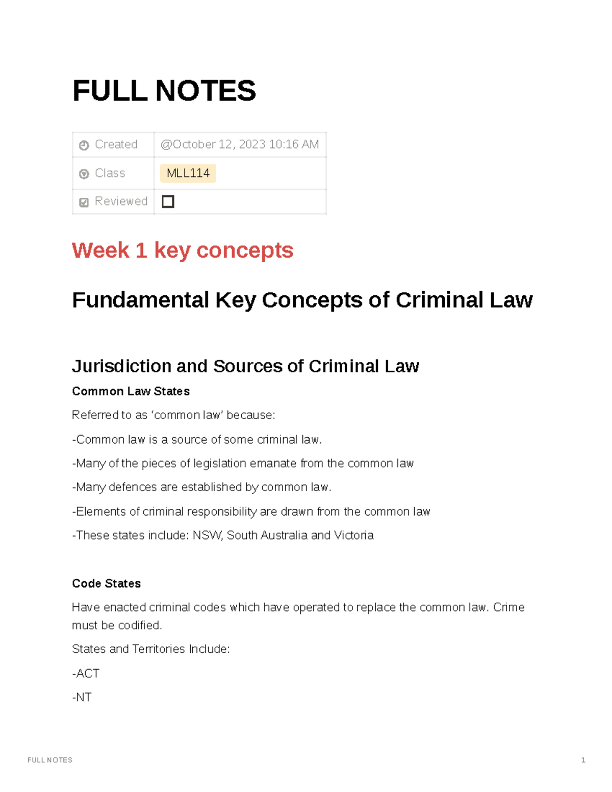 MLL114 Final Exam Full Notes on Key Concepts in Criminal Law - Studocu