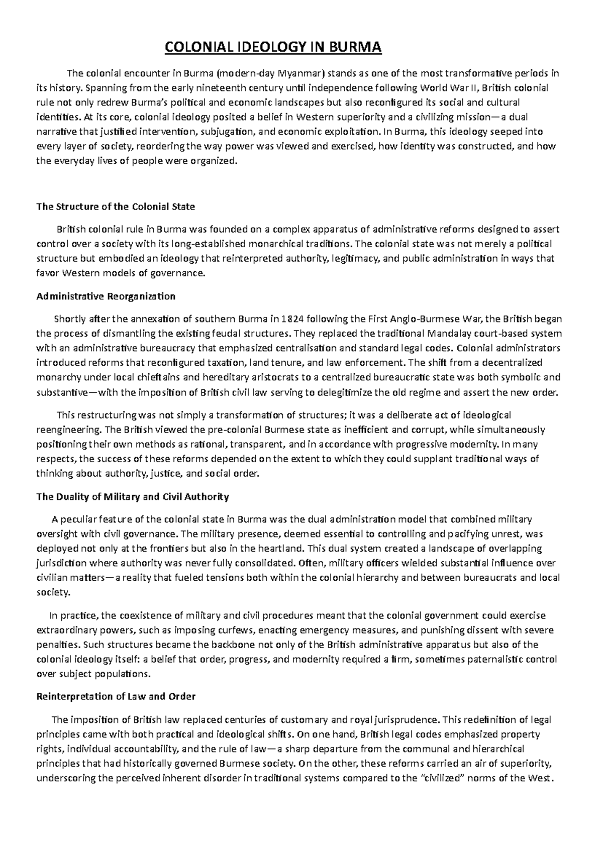 COLONIAL IDEOLOGY IN BURMA: Transformations and Resistance (HIST 101 ...
