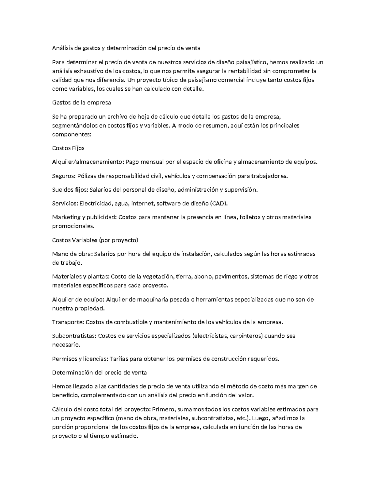 Análisis de Costos y Precio de Venta en Diseño Paisajístico - Studocu