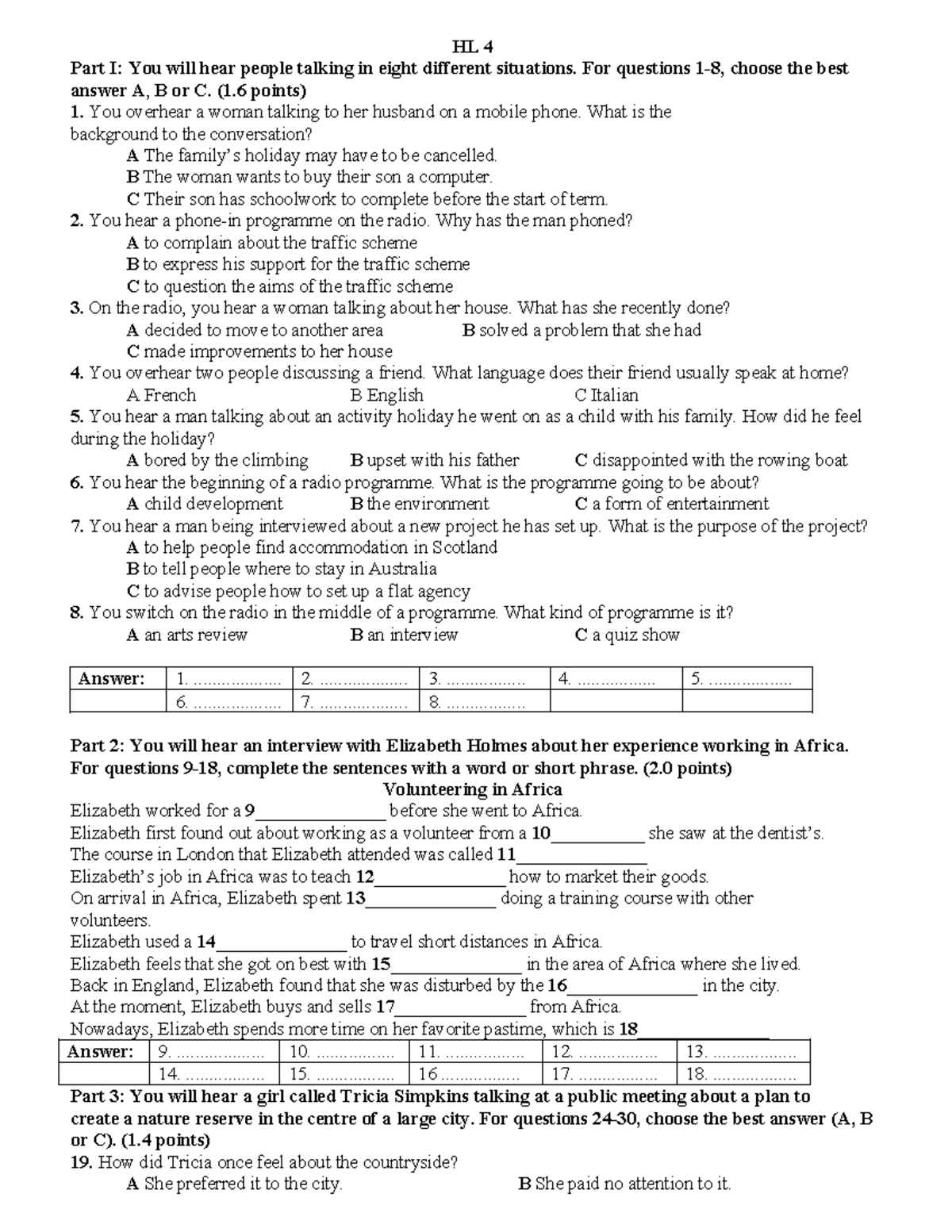 HL 4 - Listening Comprehension and Language Skills Practice - Studocu