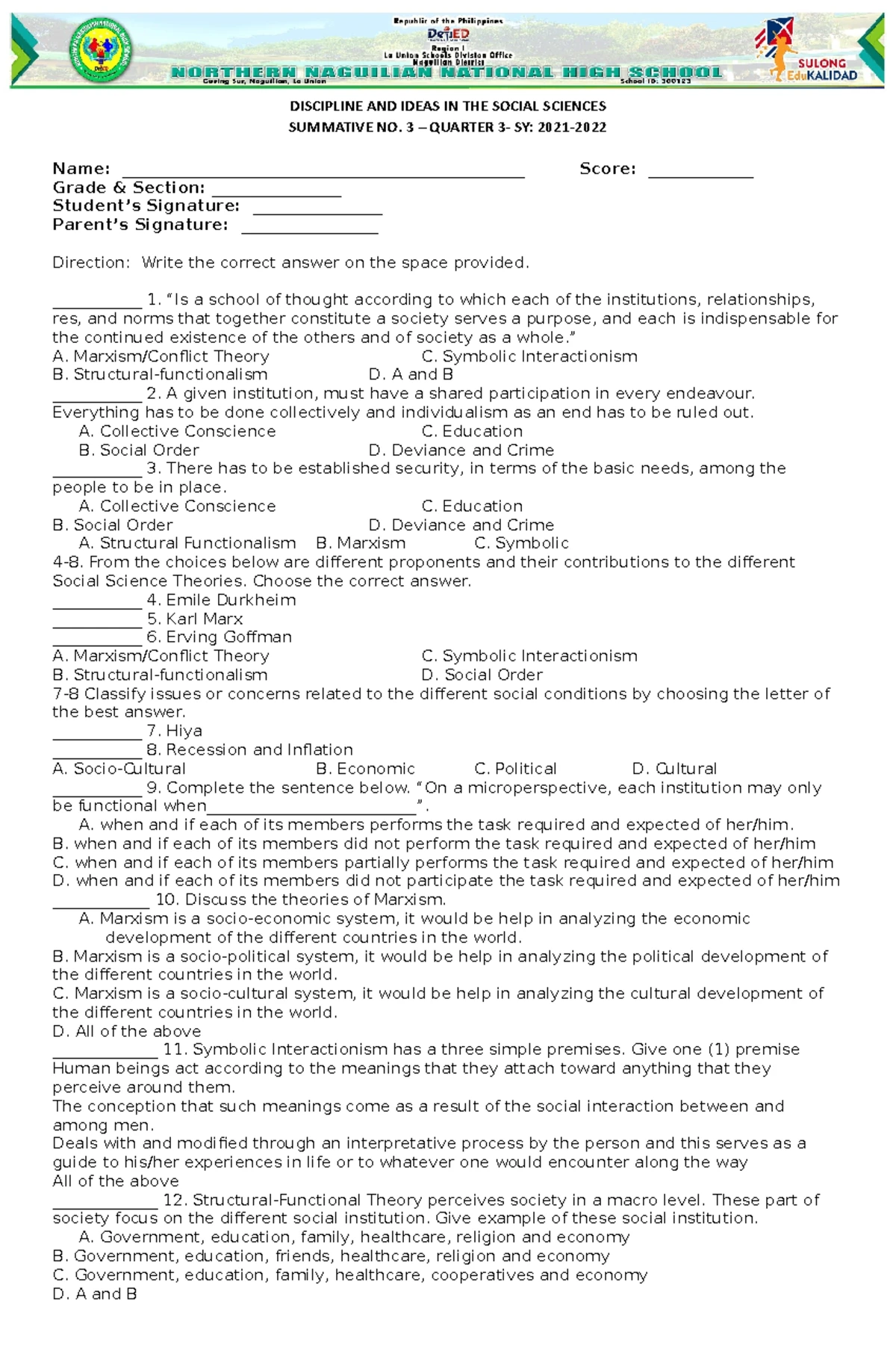 Summative Test on Disciplines & Ideas in Social Sciences (SOCSCI 101 ...