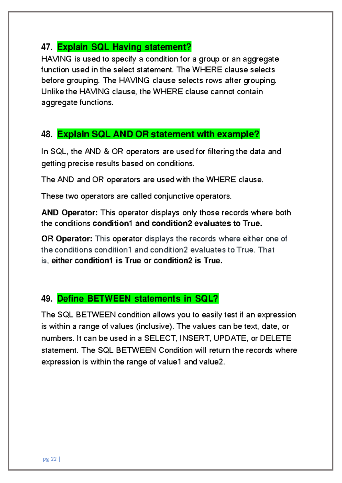 SQL Practice-22-24 - 47. Explain SQL Having statement? HAVING is used ...