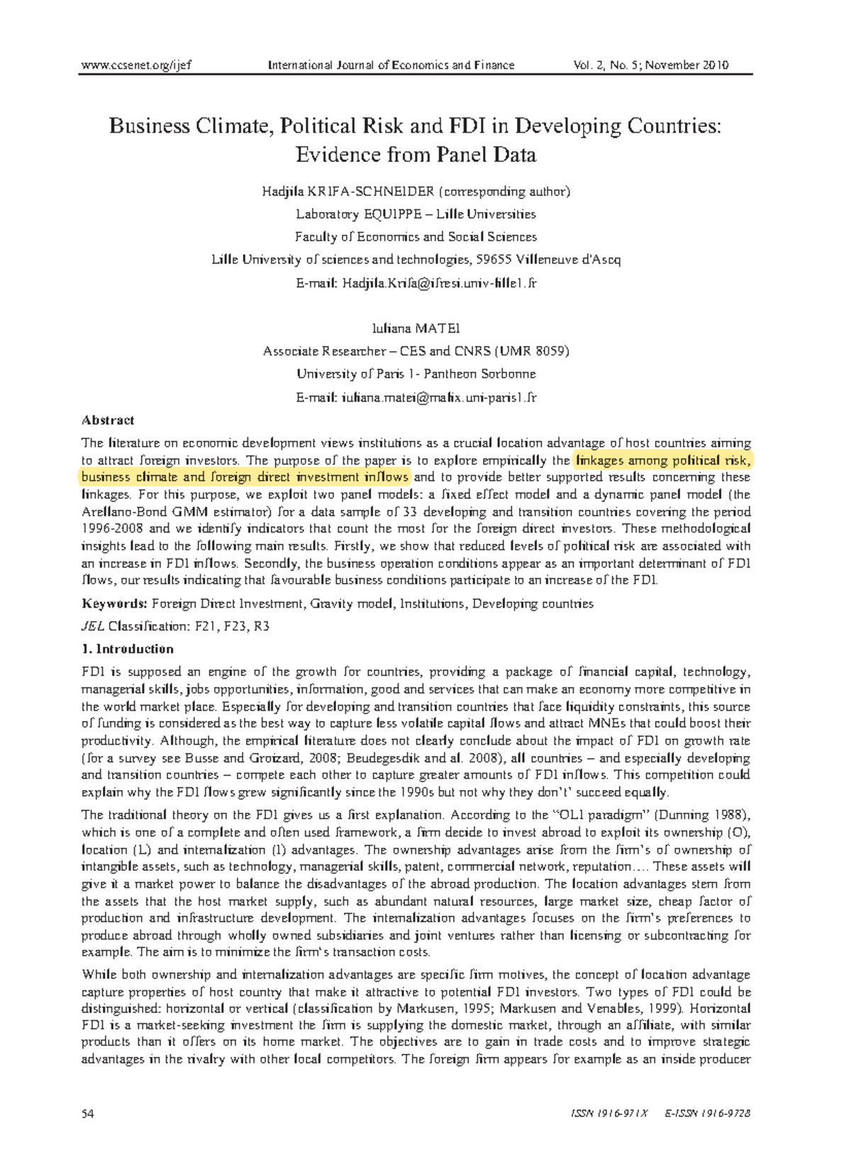 Business climate political risk and FDI in developing countries - 54 ...