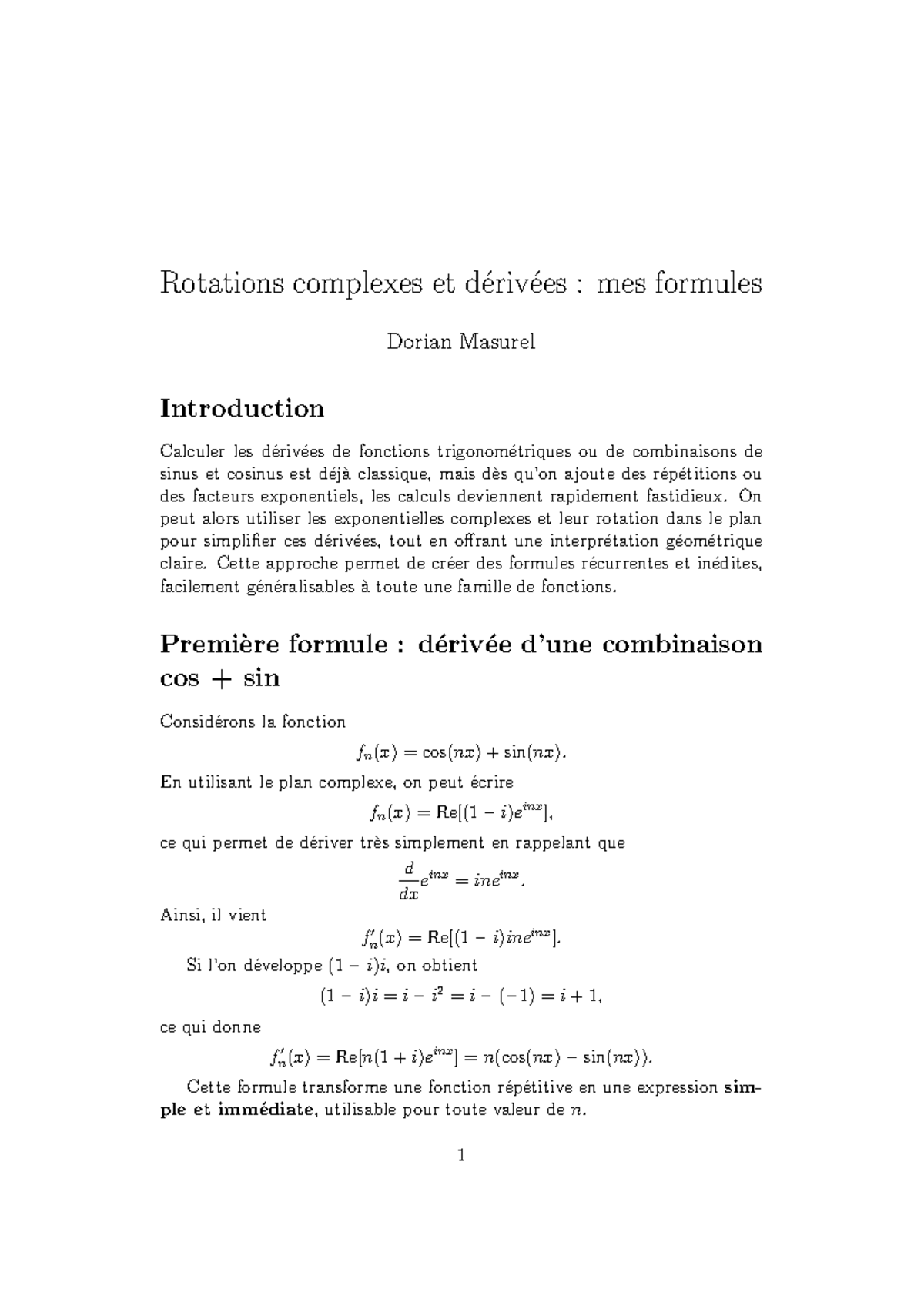 Formules de Dérivées Intéressantes : Complexes et Rotations - Studocu