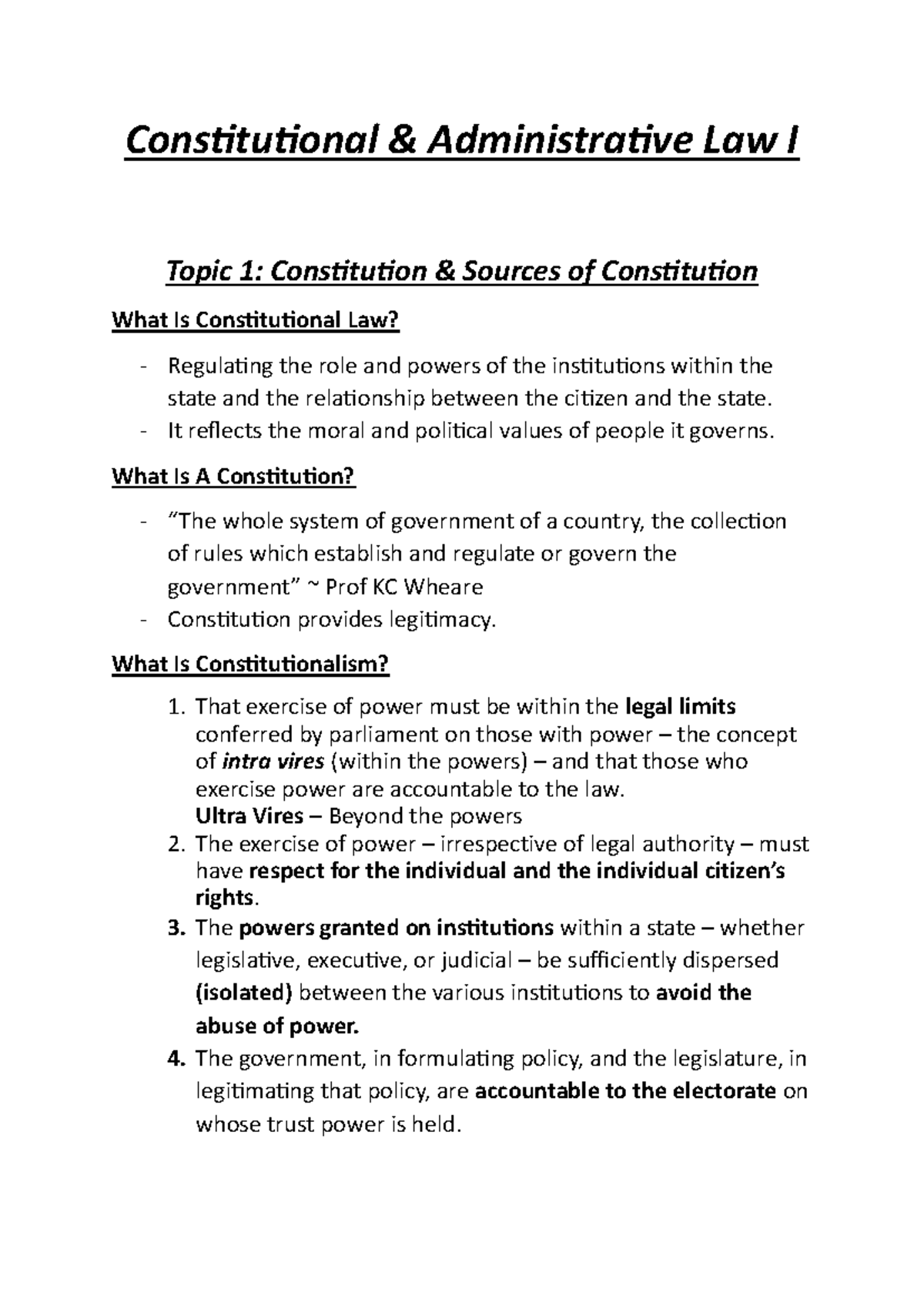 Constitutional & Administrative Law I: Detailed Lecture Notes - Studocu