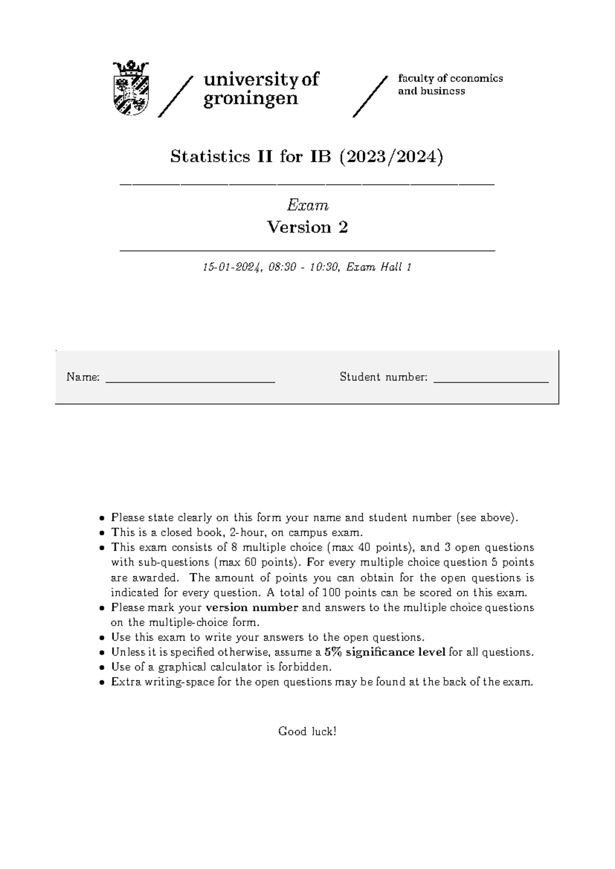 Statistics II 23-24 Final Exam with Answers - Version 2 - Studeersnel