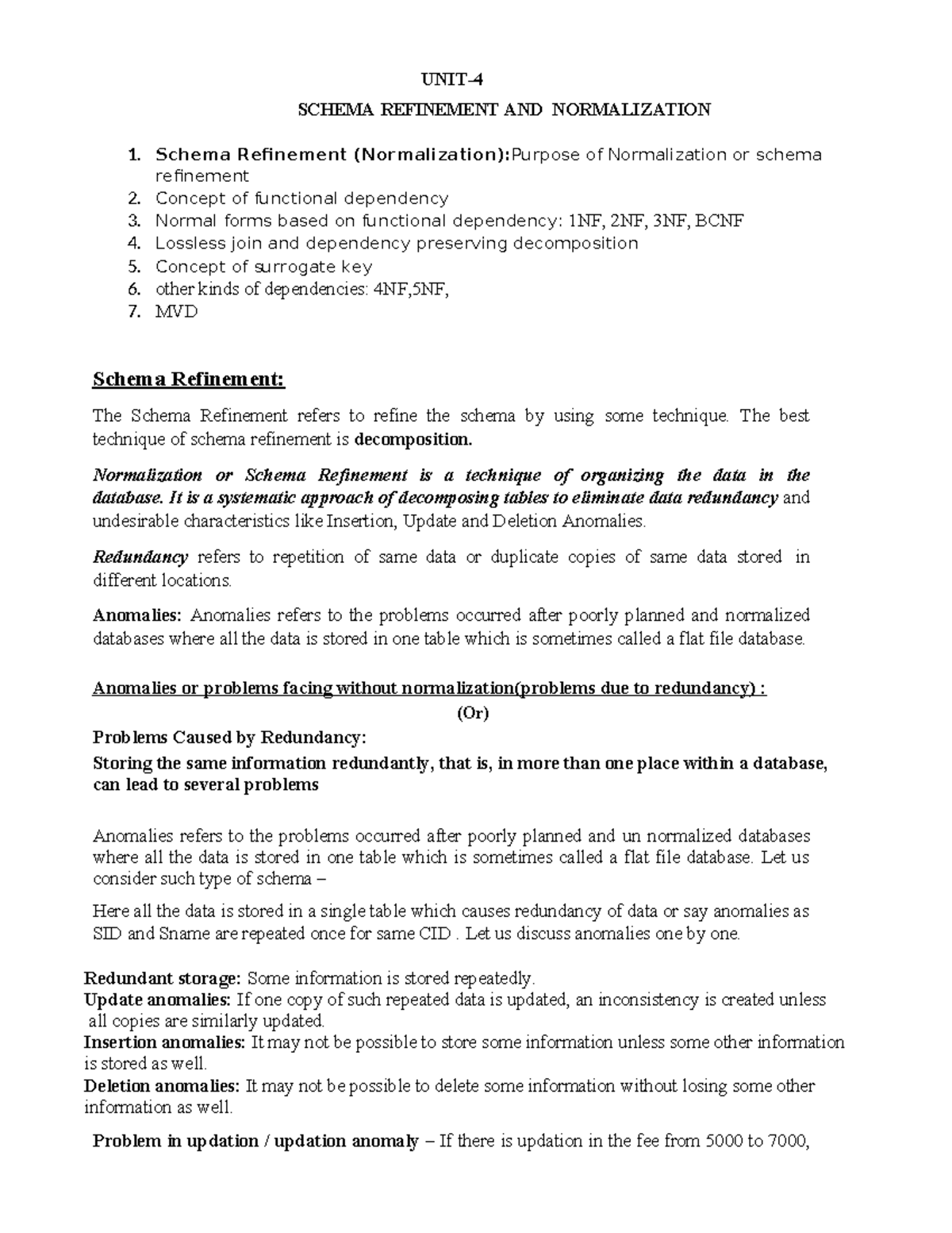 DBMS UNIT-4: Schema Refinement and Normalization Lecture Notes - Studocu