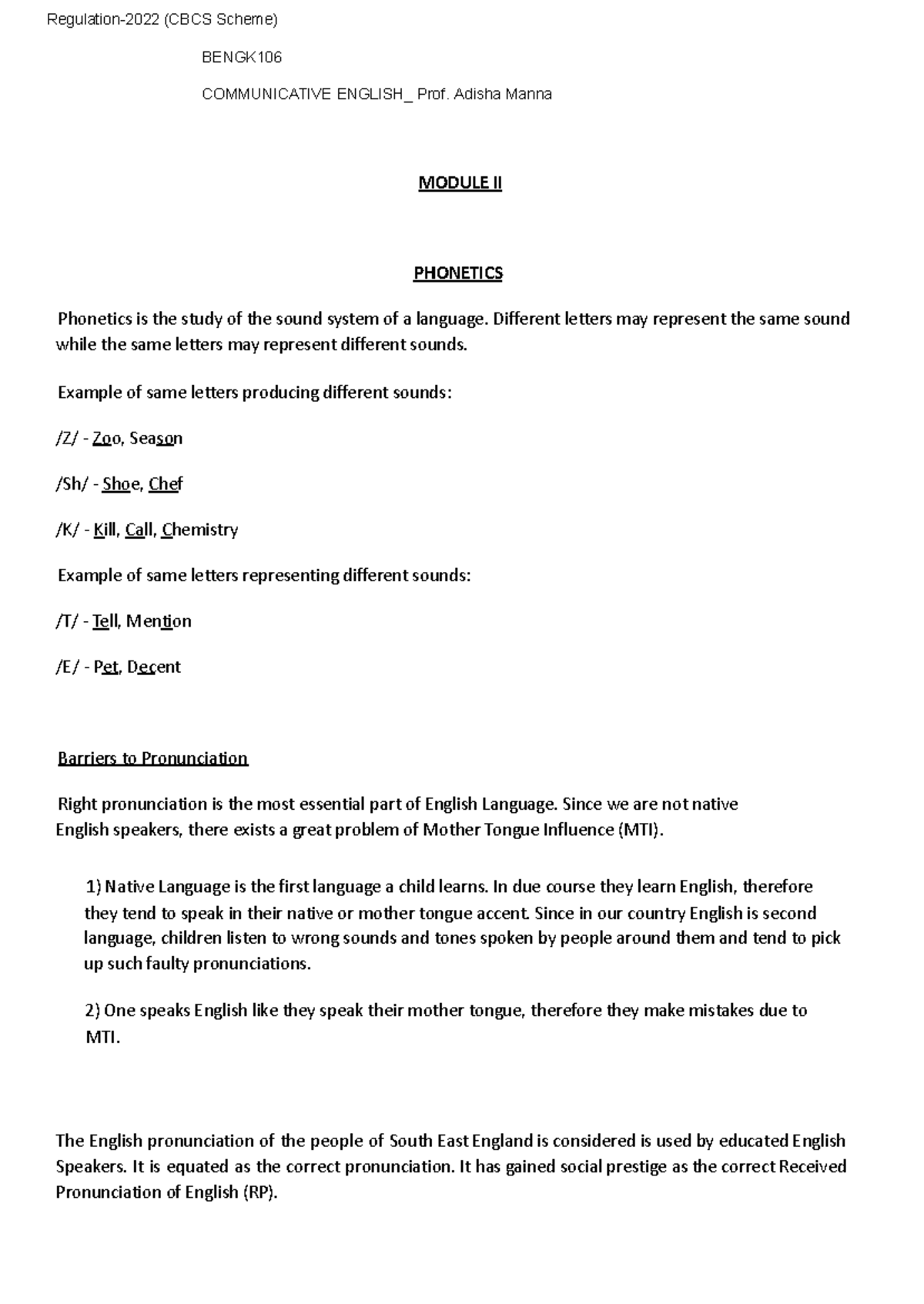 BENGK106 Communicative English: Module II Phonetics Lecture Notes - Studocu