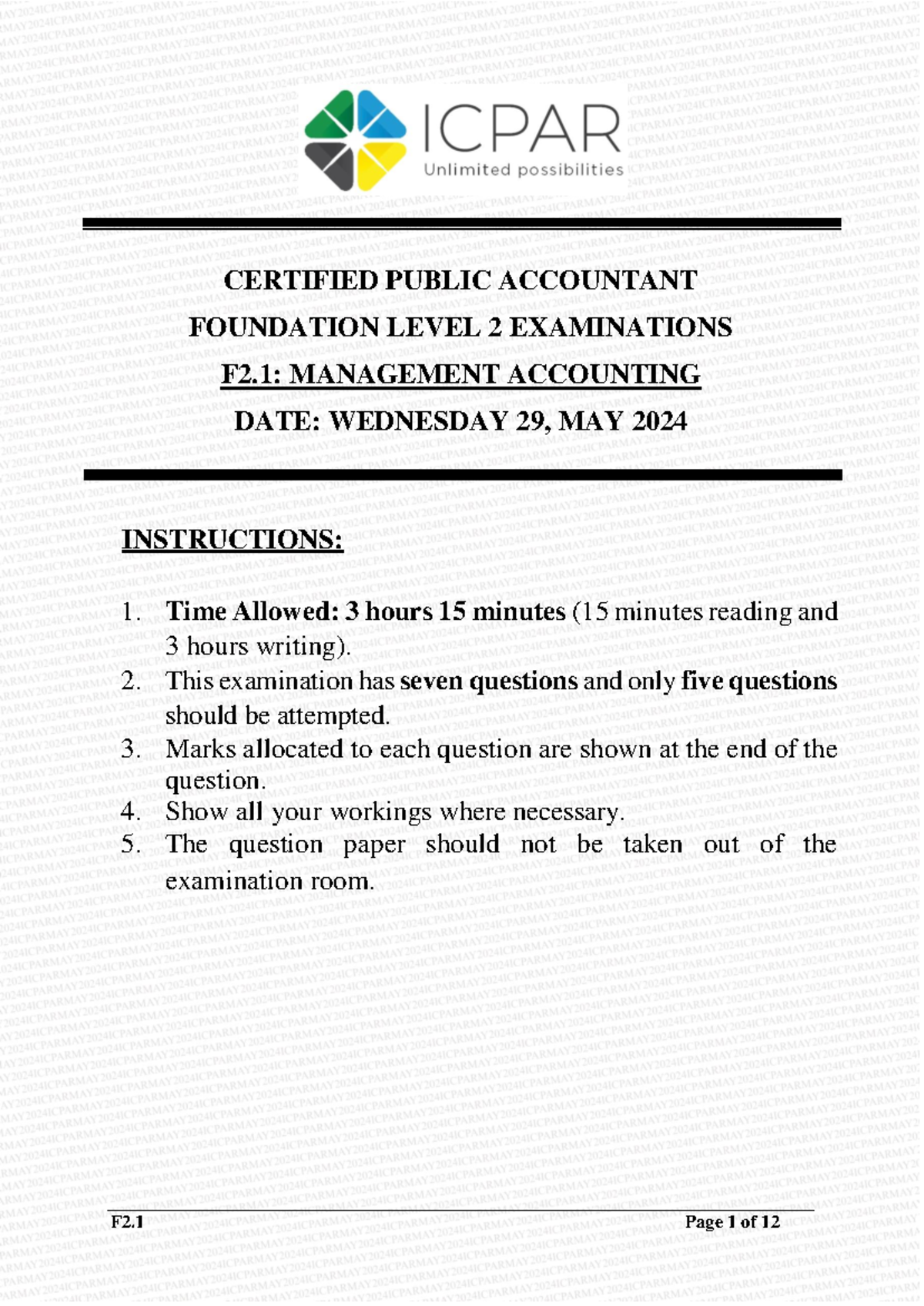 F2.1 Management Accounting - May 2024 Exam Paper with Questions - Studocu