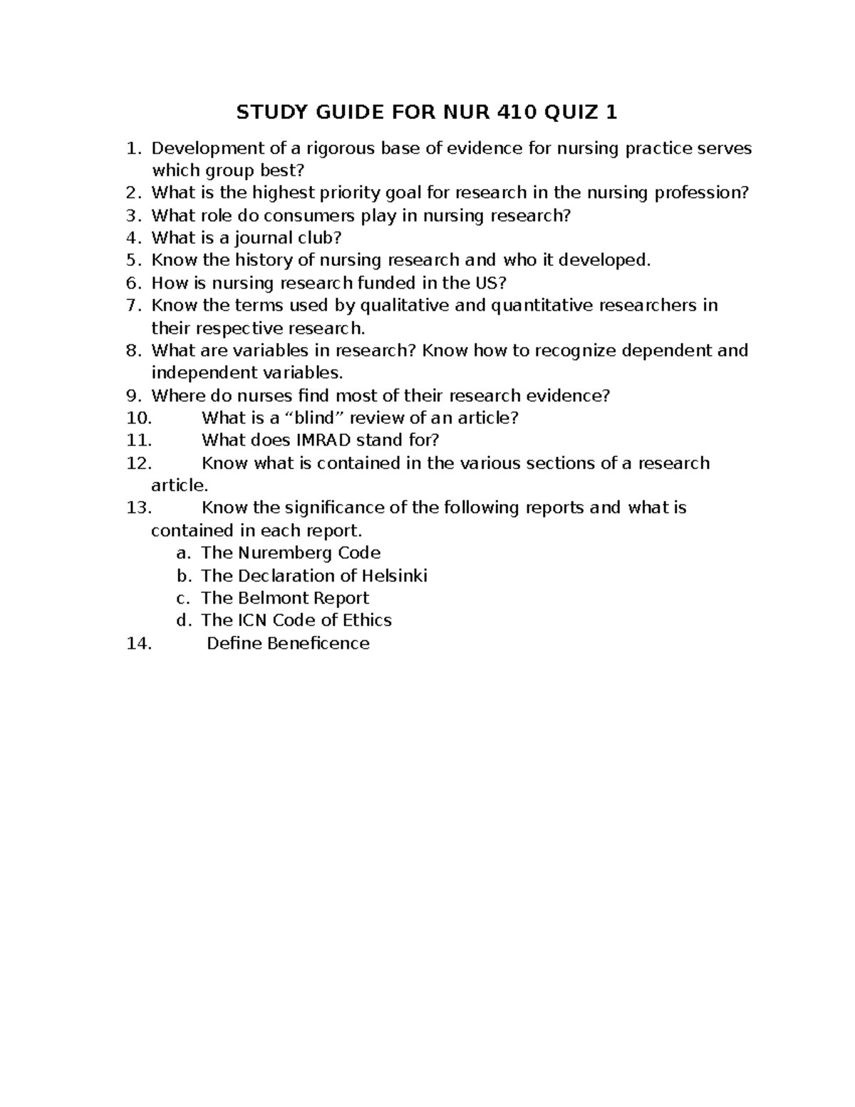 NUR 410 Quiz 1 Study Guide: Key Concepts in Nursing Research - Studocu
