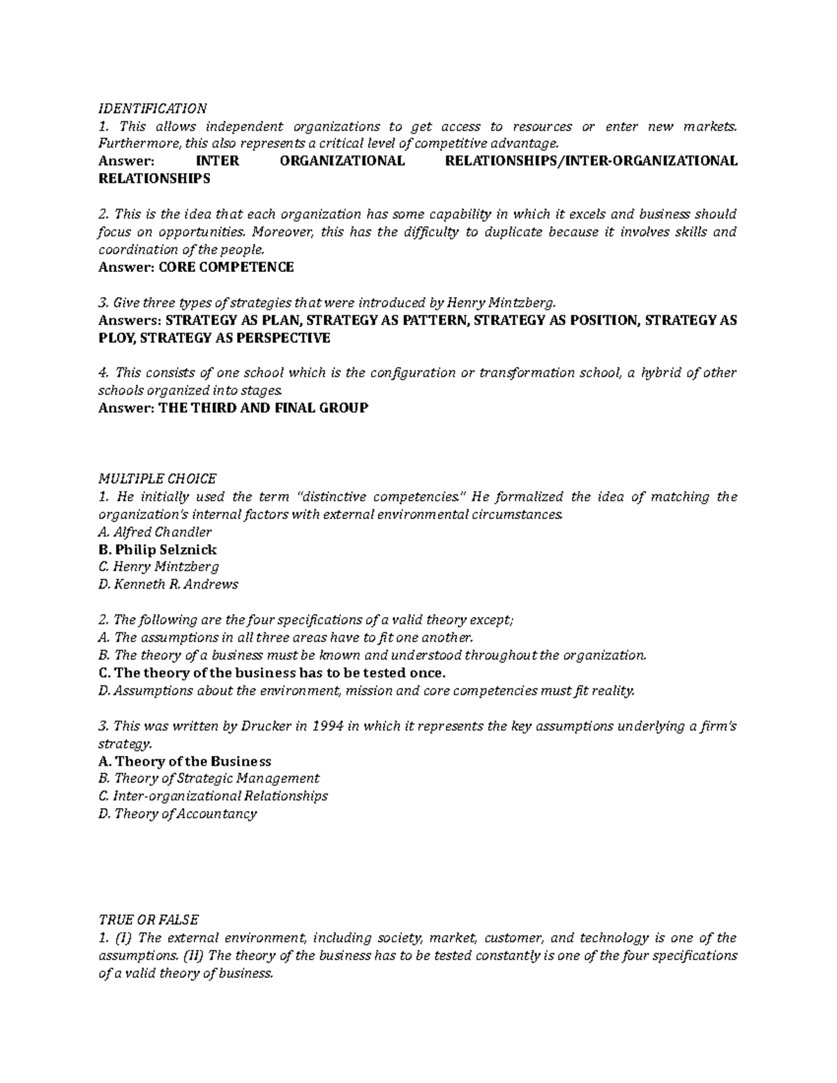 Strategic Management Quiz: Key Concepts and Theories Overview - Studocu