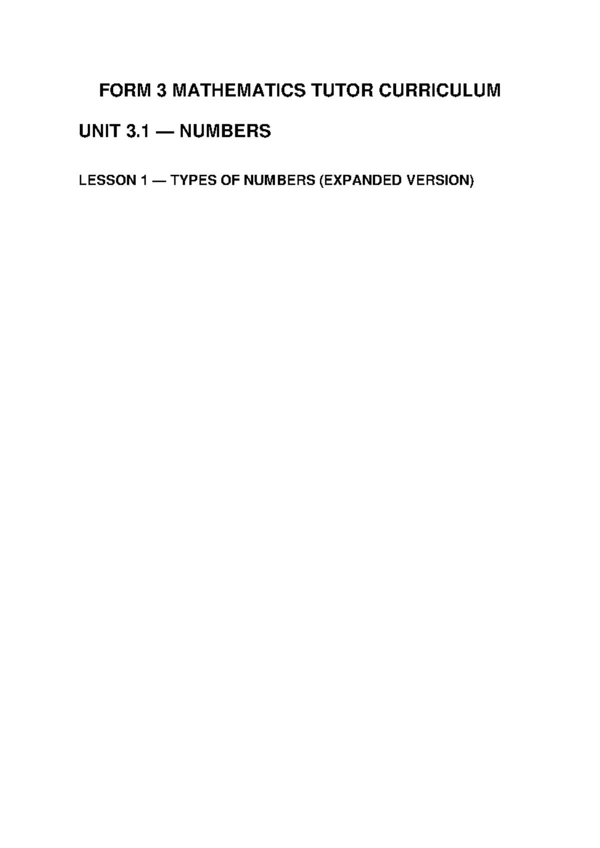 FORM 3 MATHEMATICS UNIT 3.1 LESSON 1 TYPES OF NUMBERS - Studocu