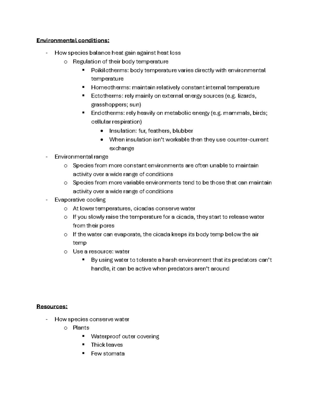 Biol2060 final notes on environmental conditions and species adaptation ...