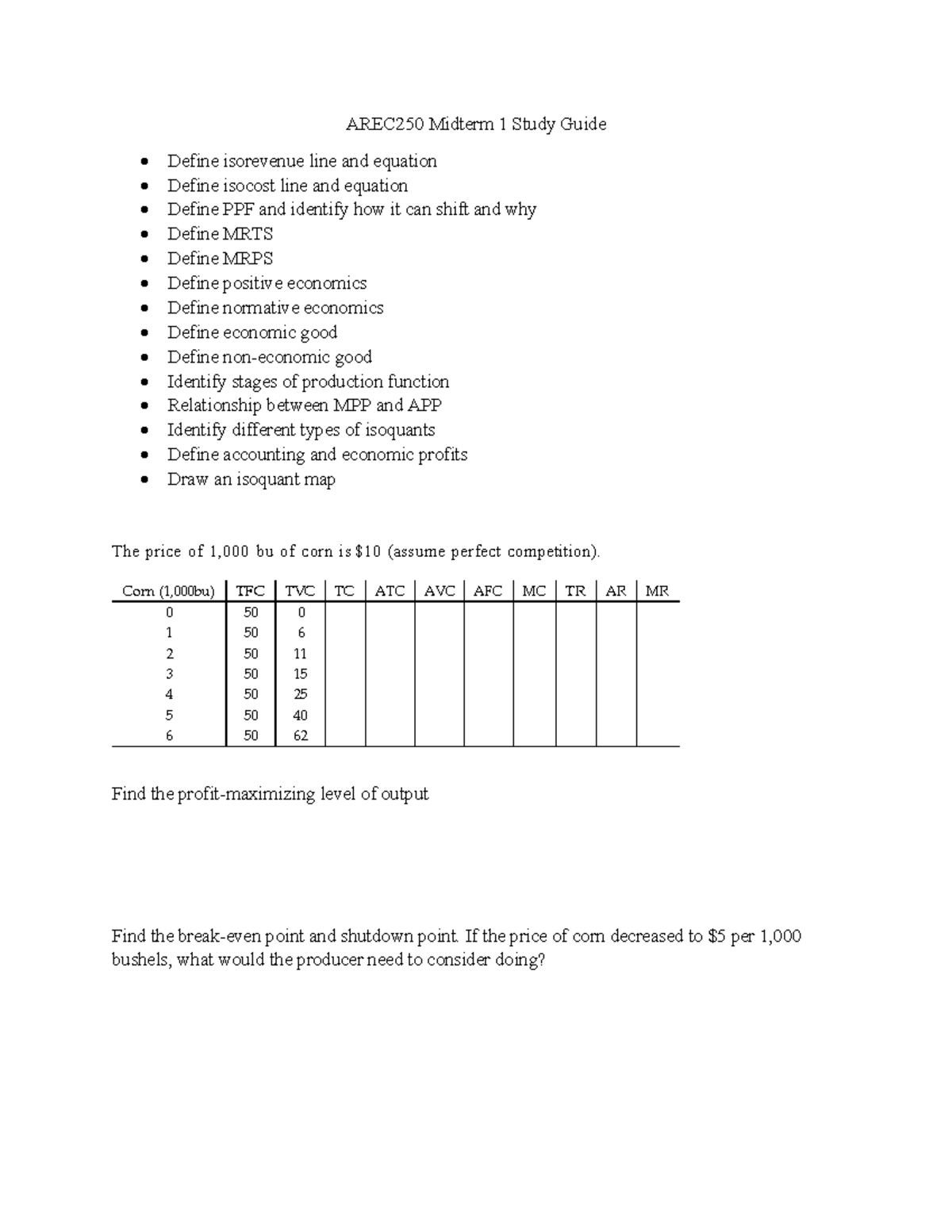 AREC250 Midterm 1 Study Guide: Key Concepts & Problems - Studocu