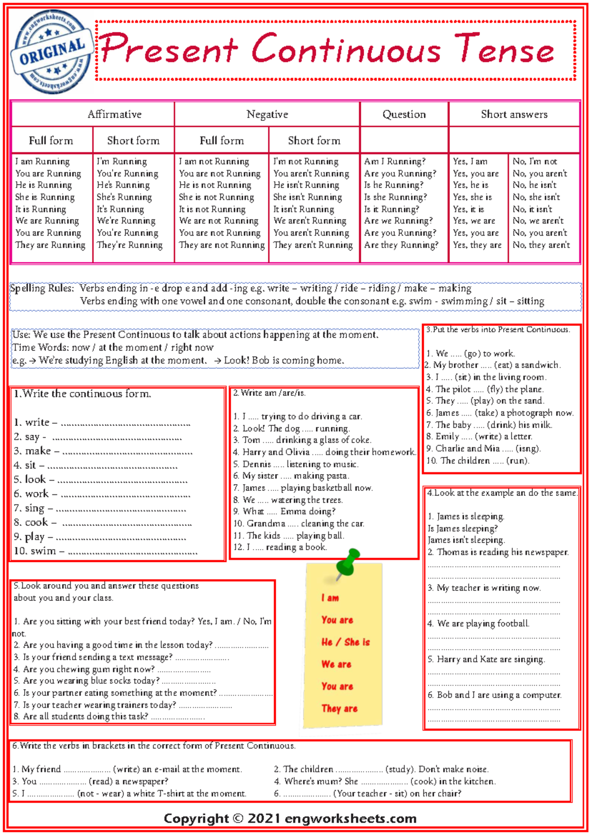 Present Continuous Tense ESL Exercises Worksheet - Studocu