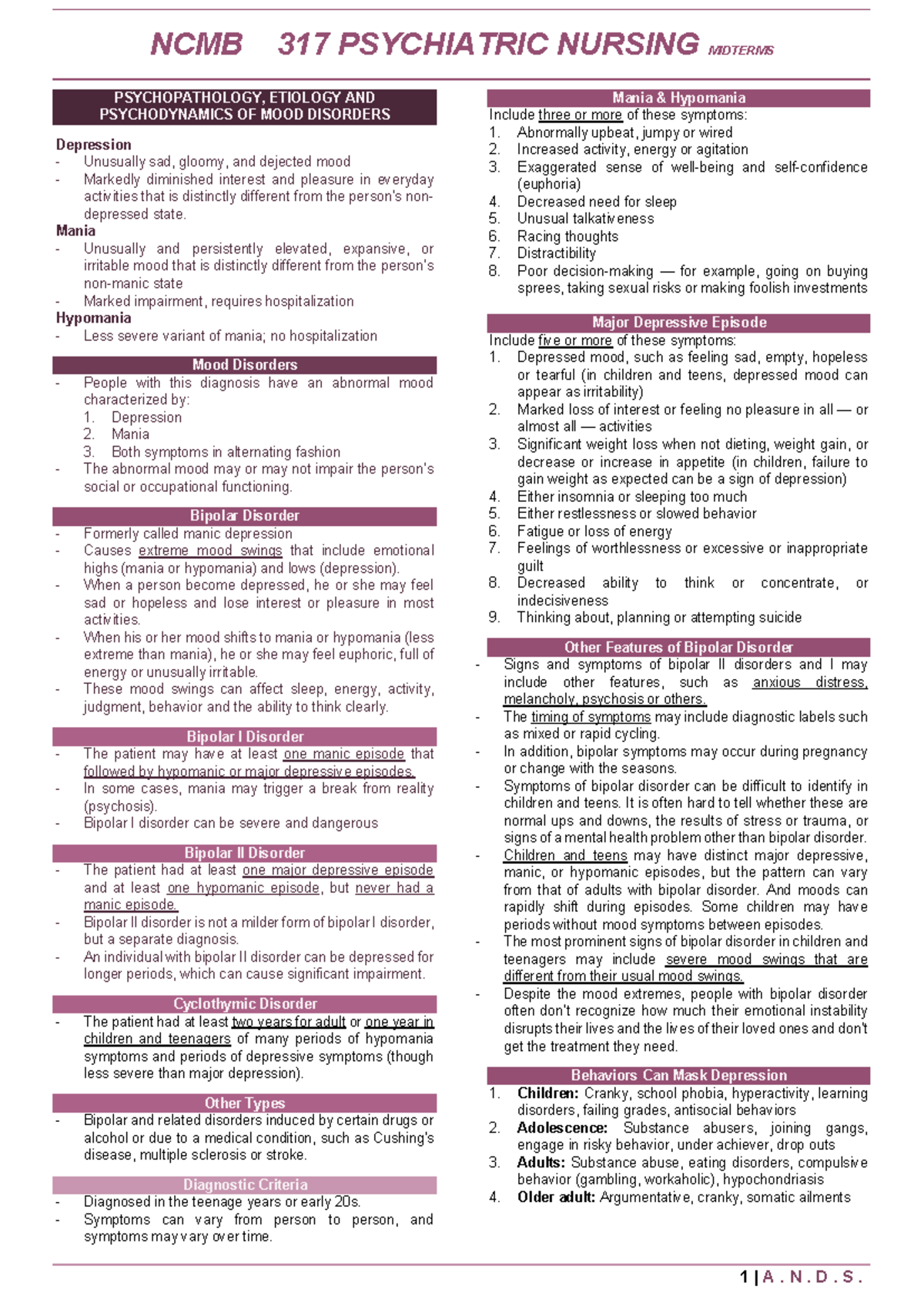 NCMB 317 PSYCHIATRIC NURSING MIDTERM STUDY GUIDE ON MOOD DISORDERS - Document Preview