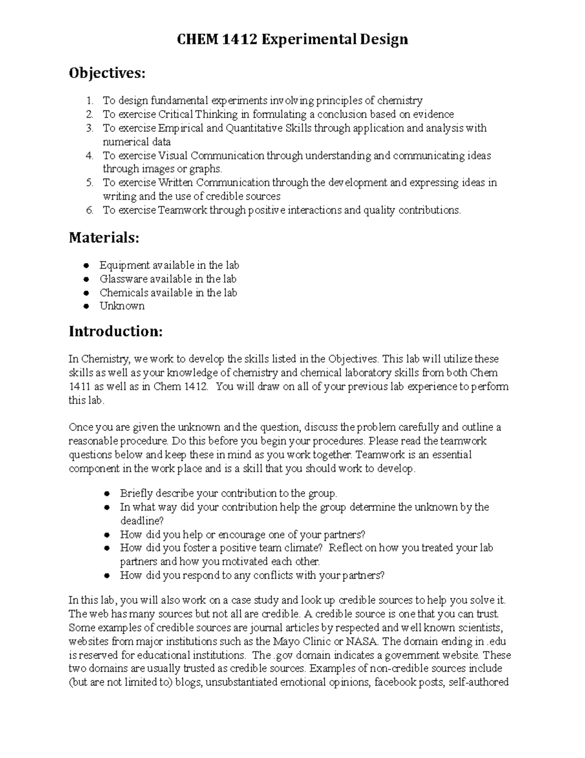 CHEM 1412 Experimental Design Lab Report and Teamwork Reflection - Studocu
