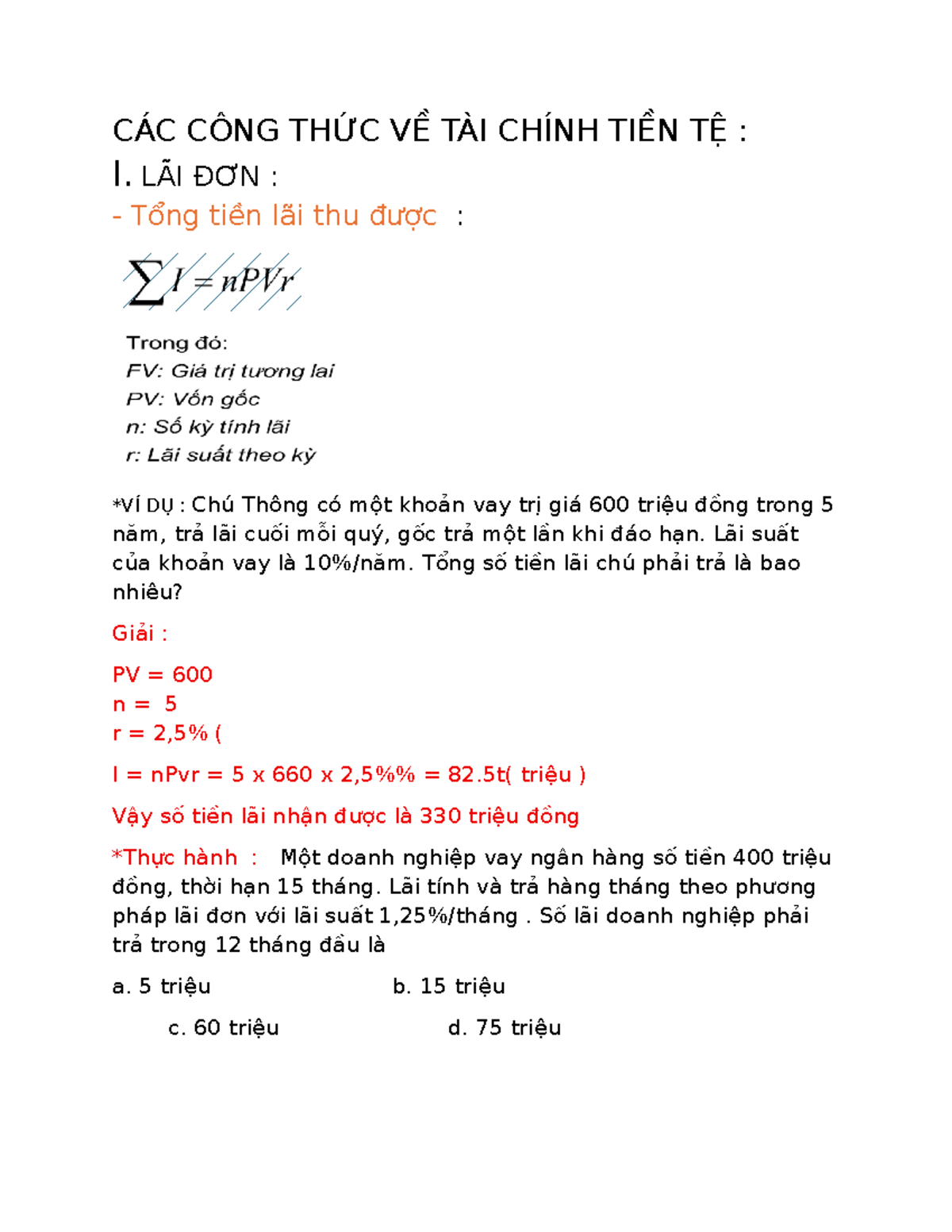 CÁC CÔNG THỨC TÀI CHÍNH TIỀN TỆ: LÃI ĐƠN VÀ LÃI KÉP (TTTT) - Document Preview