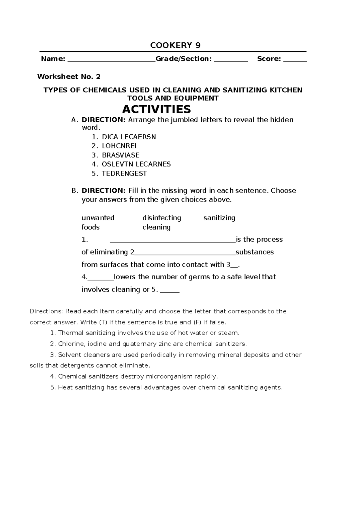 TLE Cookery 9 Activity - for review - COOKERY 9 Name: Grade/Section ...