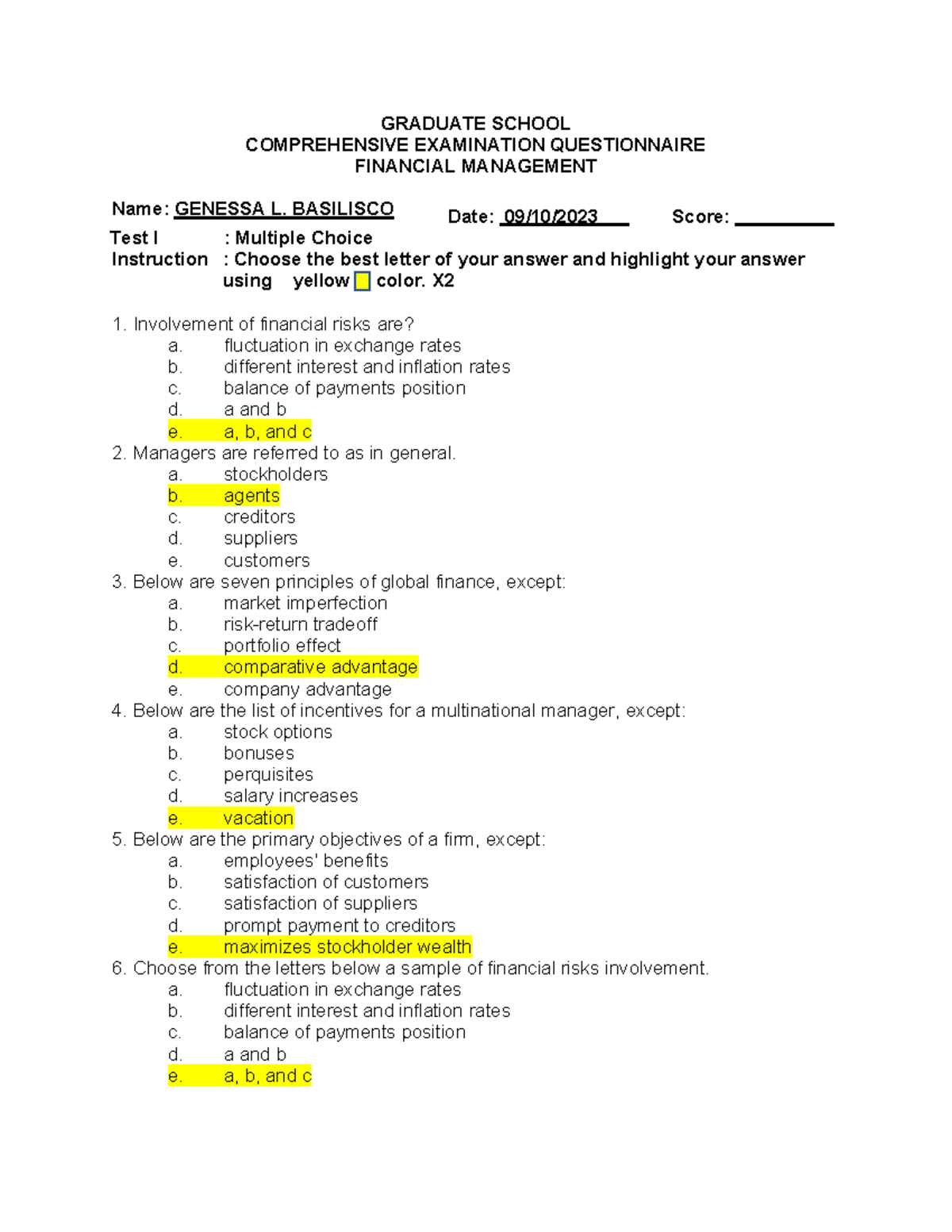 MBA 608 - Comprehensive Exam on Financial Management Concepts - Studocu