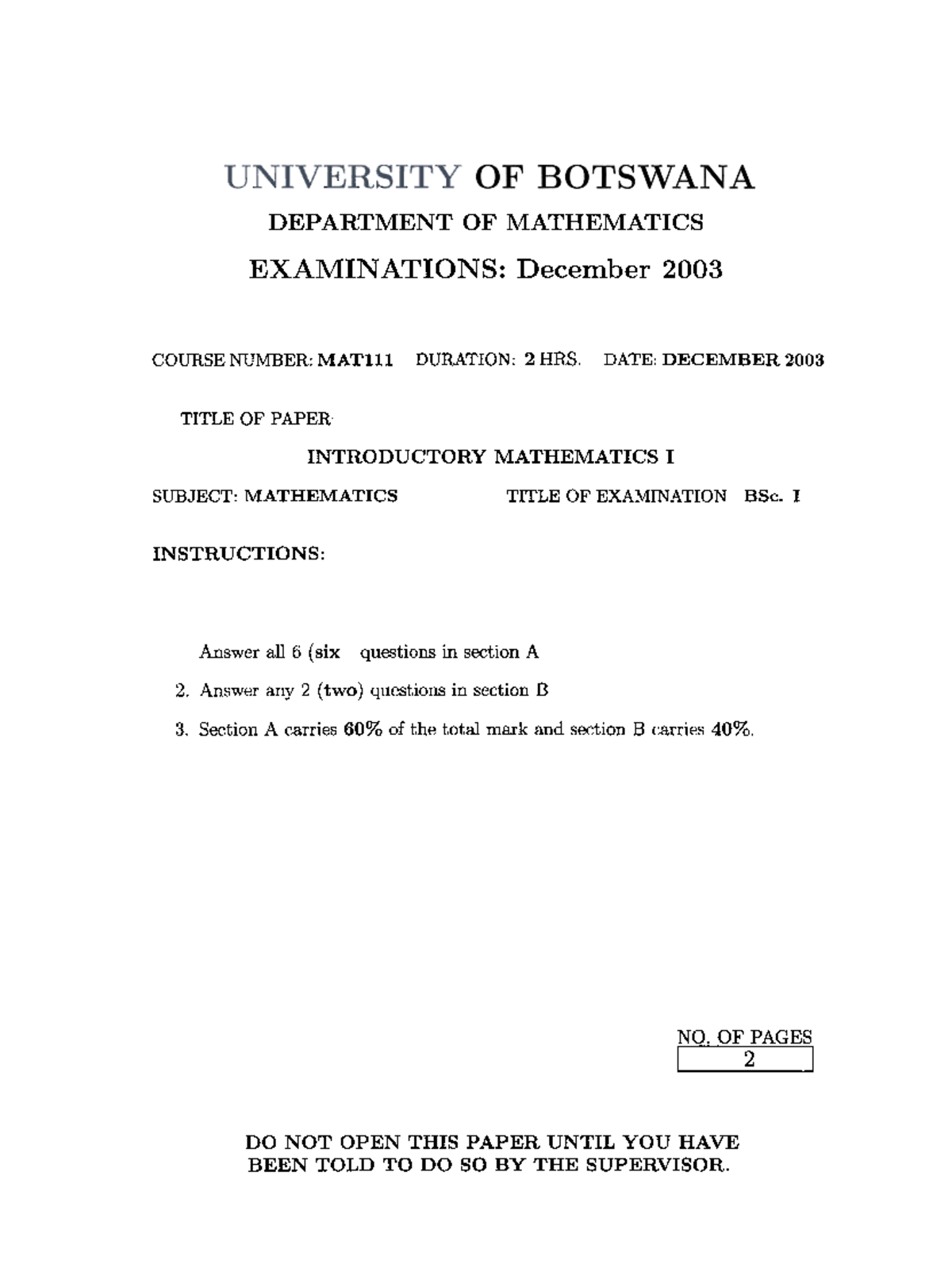 MAT101 Final Exam - Introductory Mathematics I December 2003 - Studocu