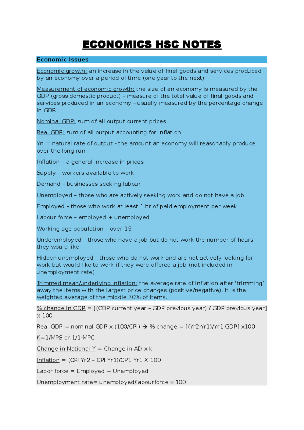 ECO UNIT 1 HSC Notes: Economic Growth, Inflation, and Unemployment ...