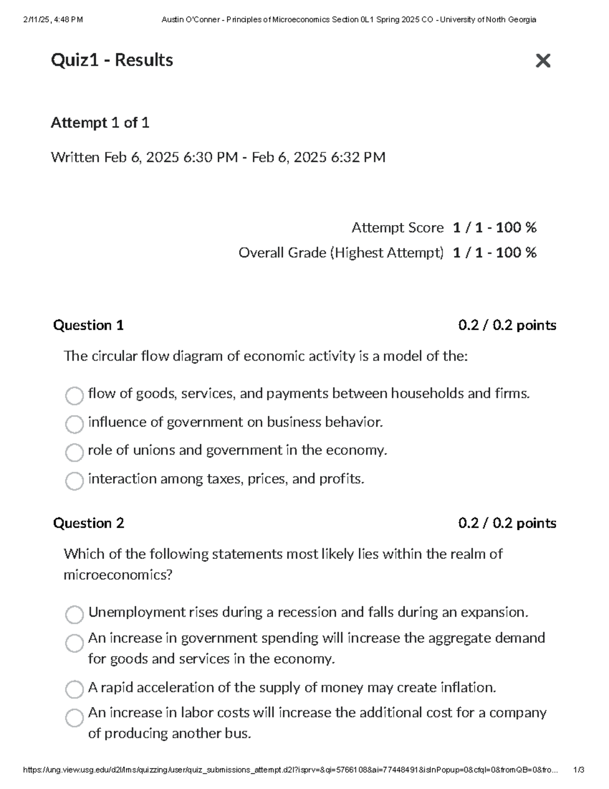 Quiz 1 Results: Principles of Microeconomics (Spring 2025 CO) - Studocu