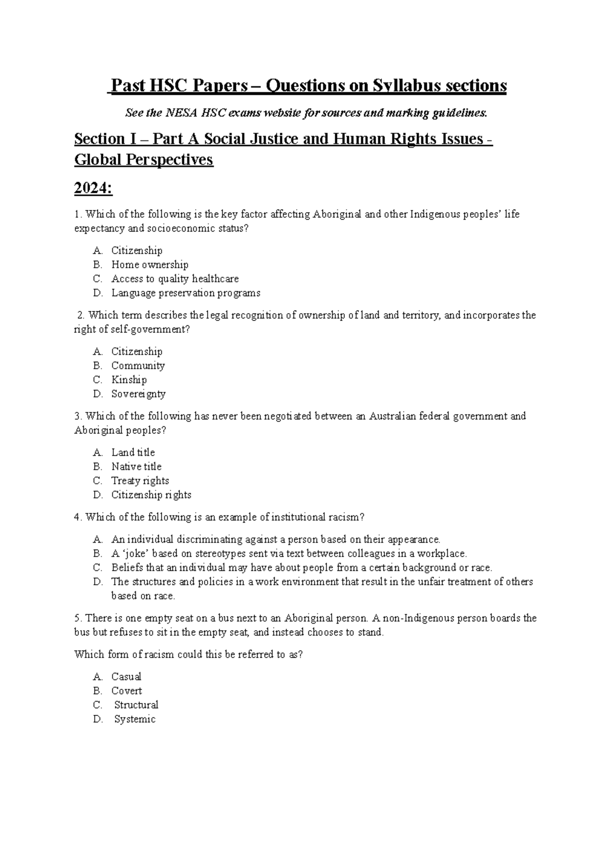 Past HSC Questions on Social Justice & Human Rights Issues (2024) - Studocu