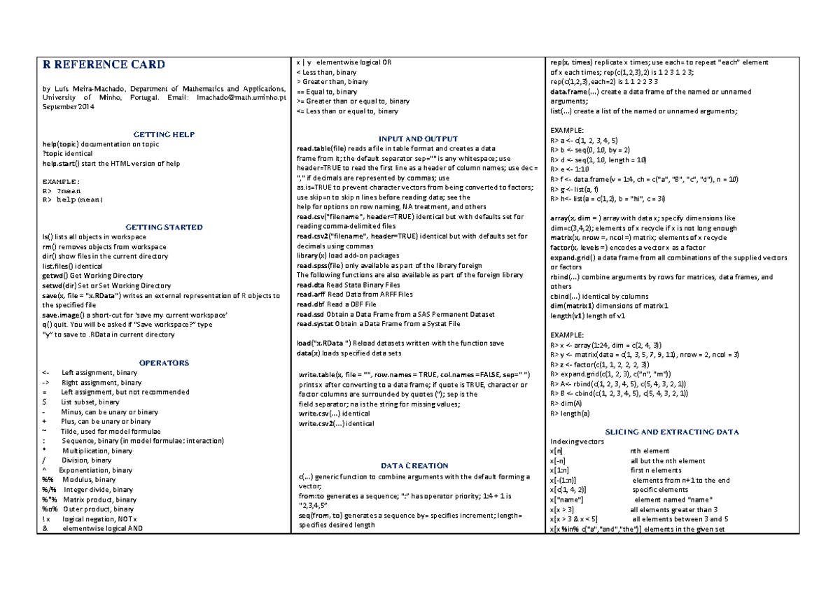 R REFERENCE CARD - Essential R Functions and Commands for Statistics ...