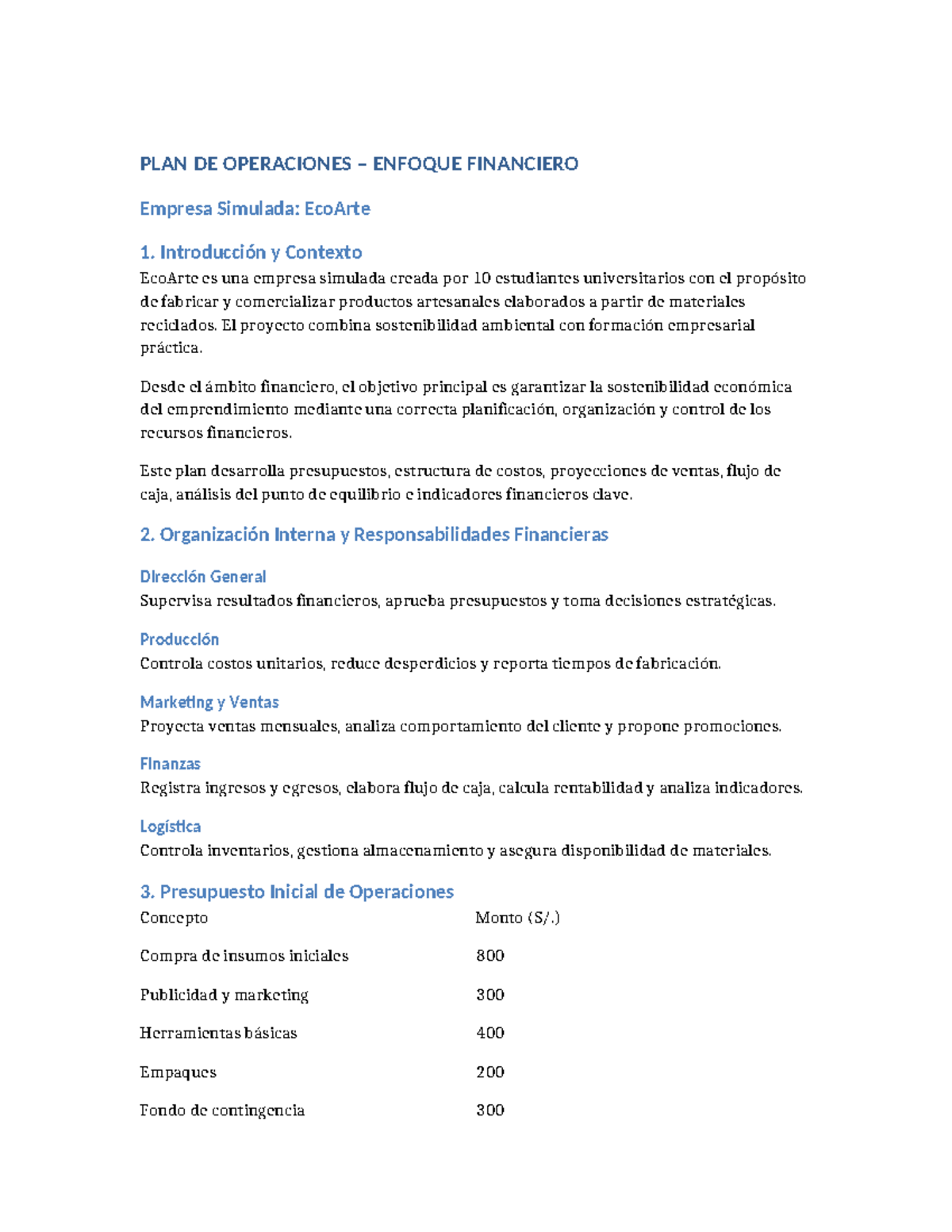PLAN DE OPERACIONES FINANCIERAS - EcoArte (Simulación) - Studocu