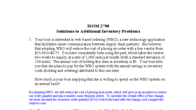 ISOM 2700 Solutions to Practice Inventory Problems - Studocu