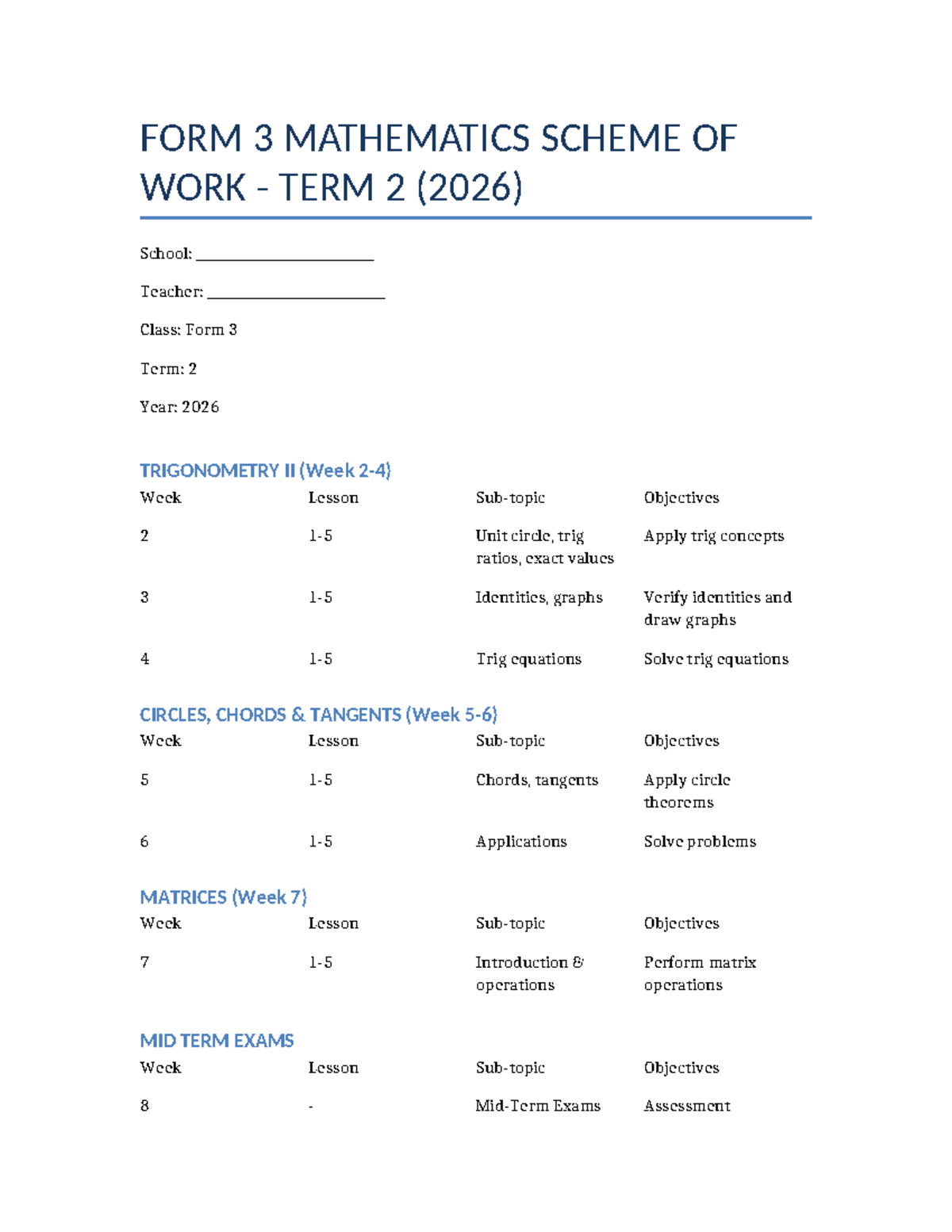 Form 3 Mathematics Scheme of Work Term 2 (2026) - Studocu